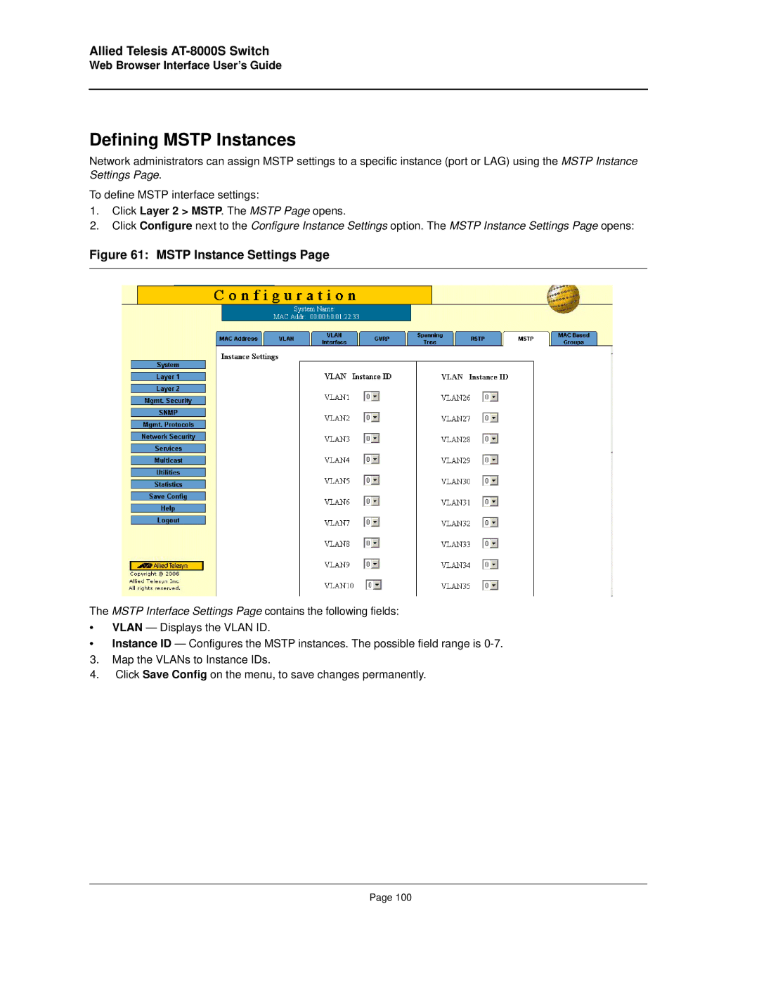 Allied Telesis AT-8000S manual Defining Mstp Instances, Mstp Instance Settings 