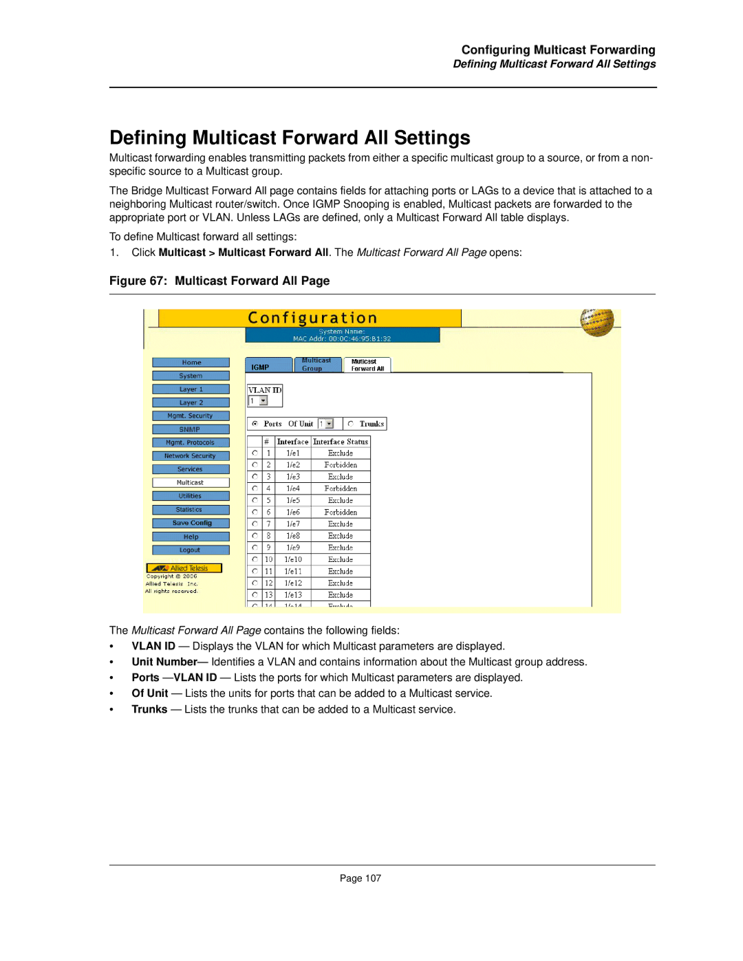 Allied Telesis AT-8000S manual Defining Multicast Forward All Settings 