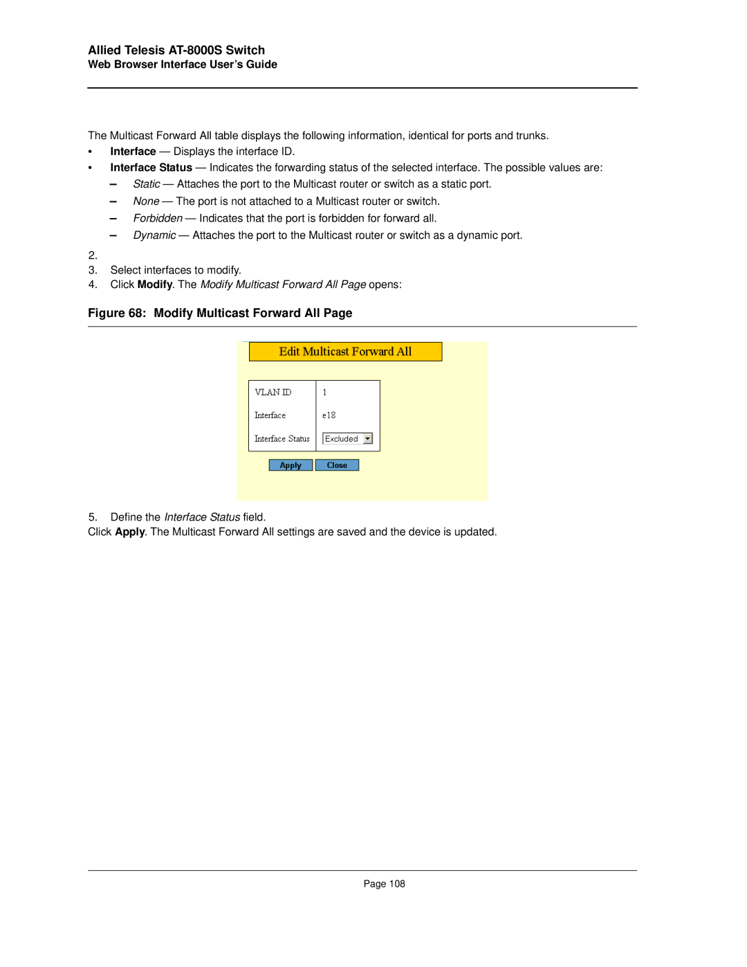 Allied Telesis AT-8000S manual Click Modify. The Modify Multicast Forward All Page opens 