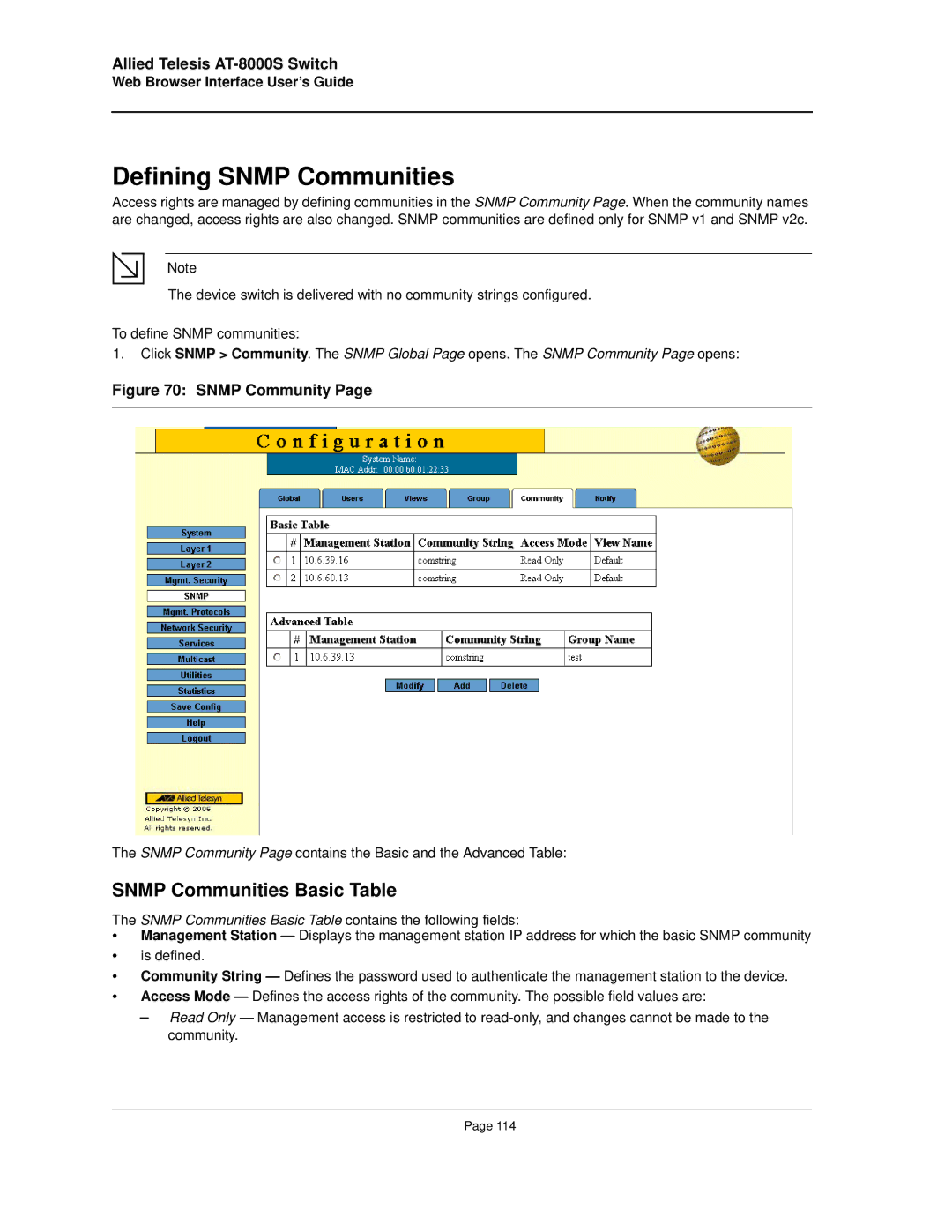 Allied Telesis AT-8000S manual Defining Snmp Communities, Snmp Communities Basic Table 