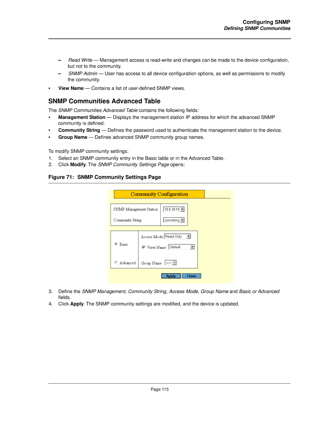 Allied Telesis AT-8000S manual Defining Snmp Communities, Click Modify. The Snmp Community Settings Page opens 