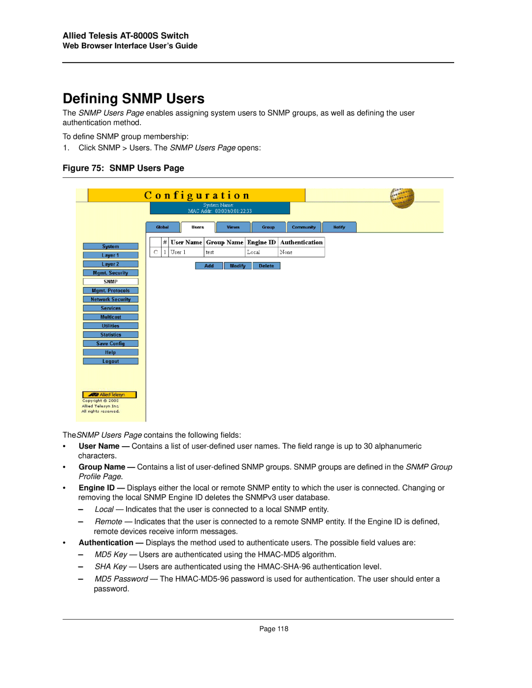 Allied Telesis AT-8000S manual Defining Snmp Users 