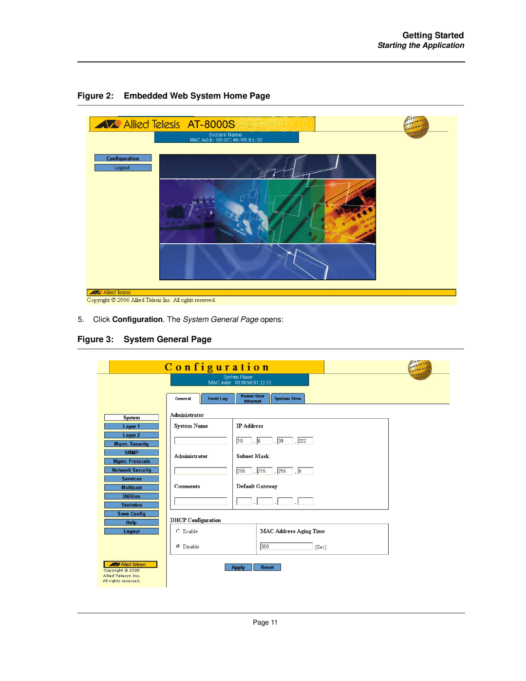 Allied Telesis AT-8000S manual Starting the Application, Click Configuration. The System General Page opens 