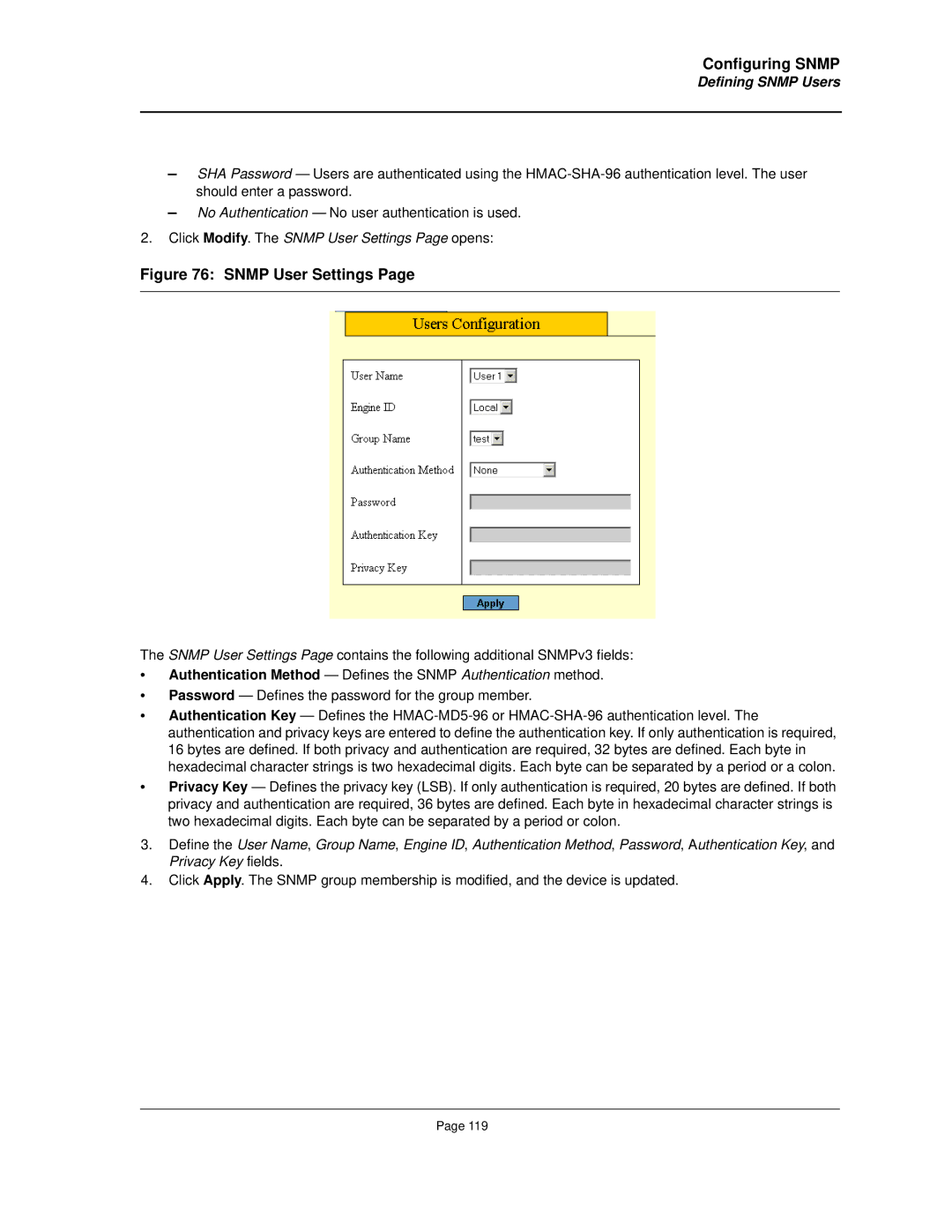 Allied Telesis AT-8000S manual Defining Snmp Users, Click Modify. The Snmp User Settings Page opens 