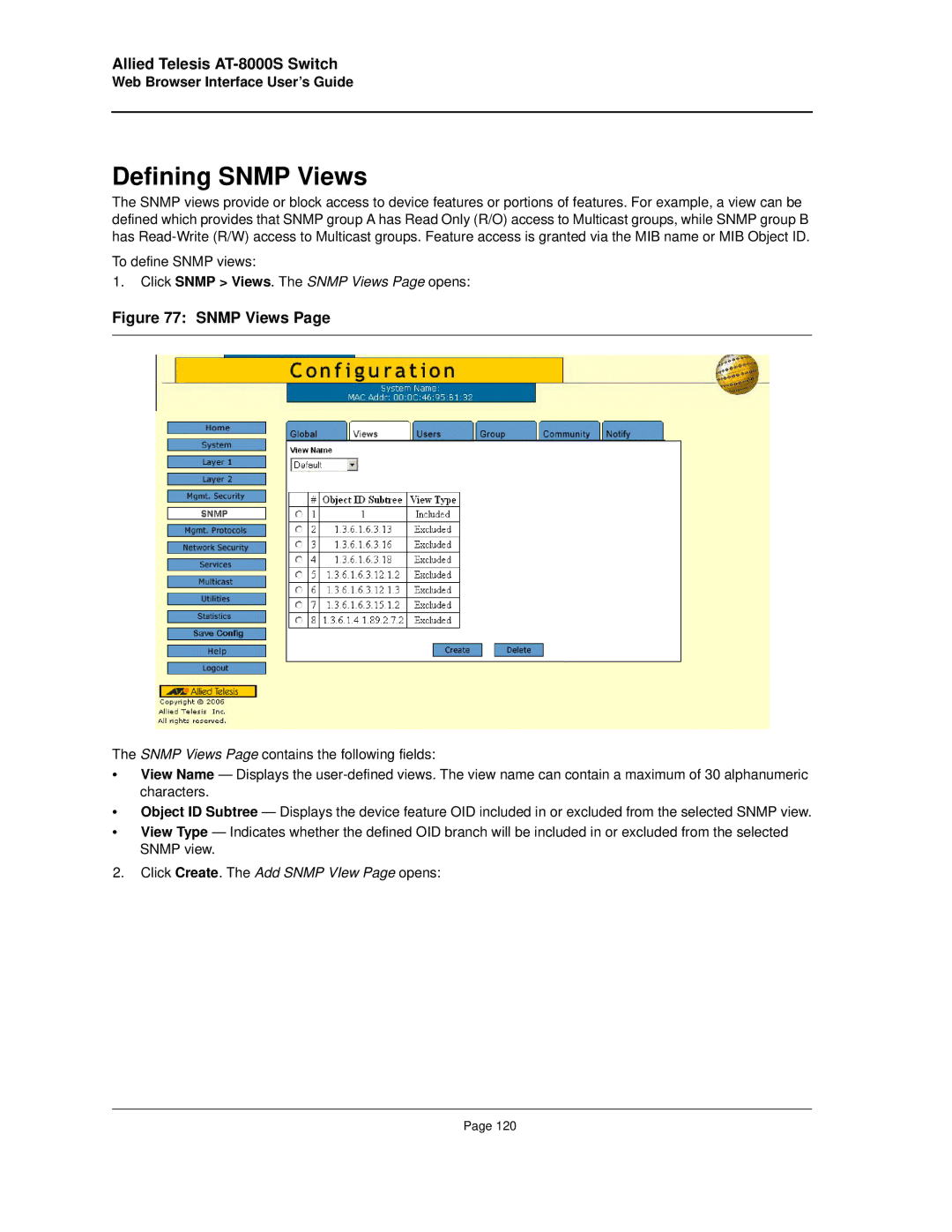 Allied Telesis AT-8000S manual Defining Snmp Views, Click Create. The Add Snmp VIew Page opens 