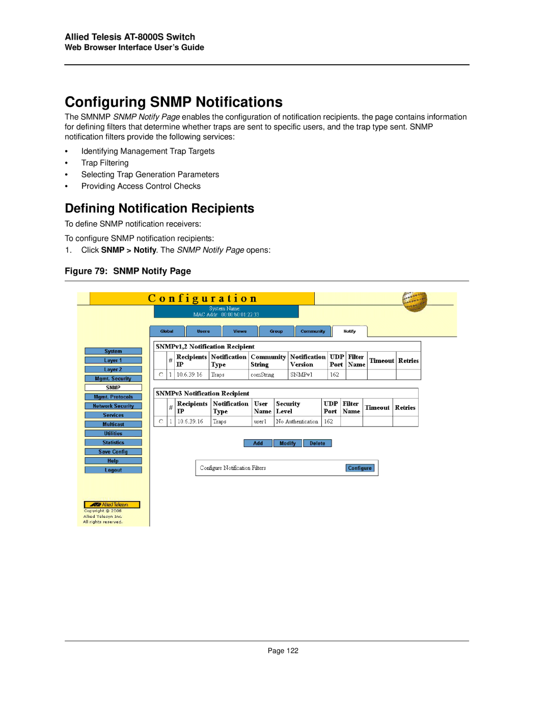 Allied Telesis AT-8000S manual Configuring Snmp Notifications, Defining Notification Recipients 