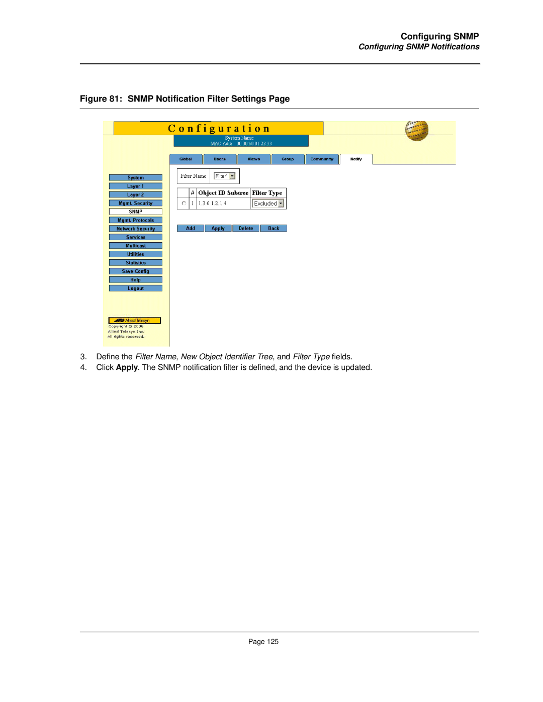 Allied Telesis AT-8000S manual Snmp Notification Filter Settings 