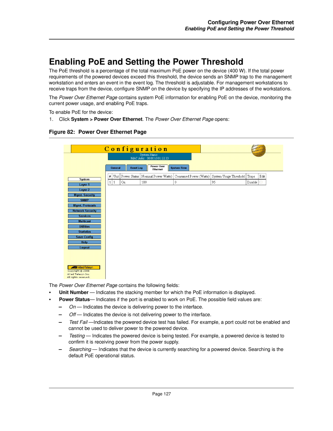 Allied Telesis AT-8000S manual Enabling PoE and Setting the Power Threshold 