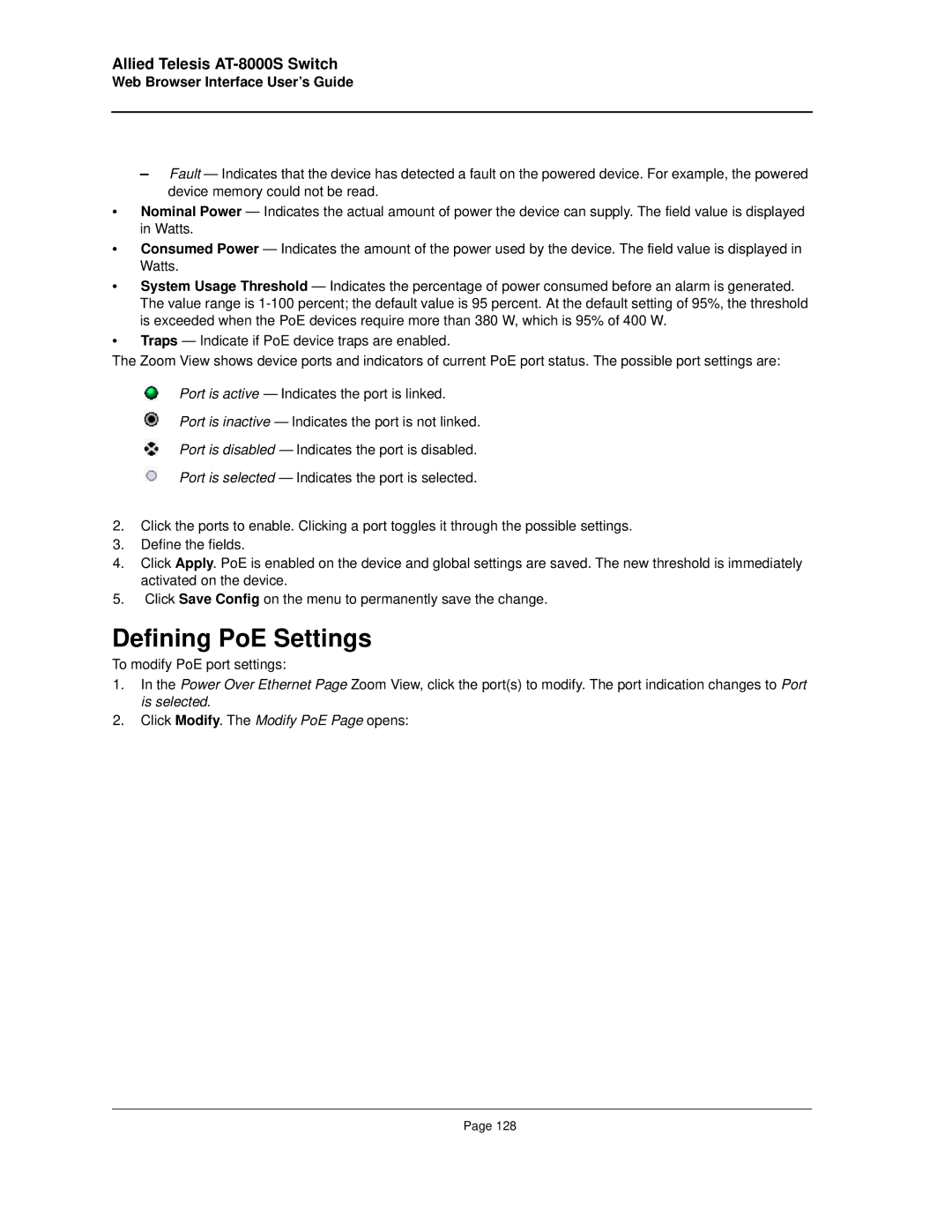 Allied Telesis AT-8000S manual Defining PoE Settings 