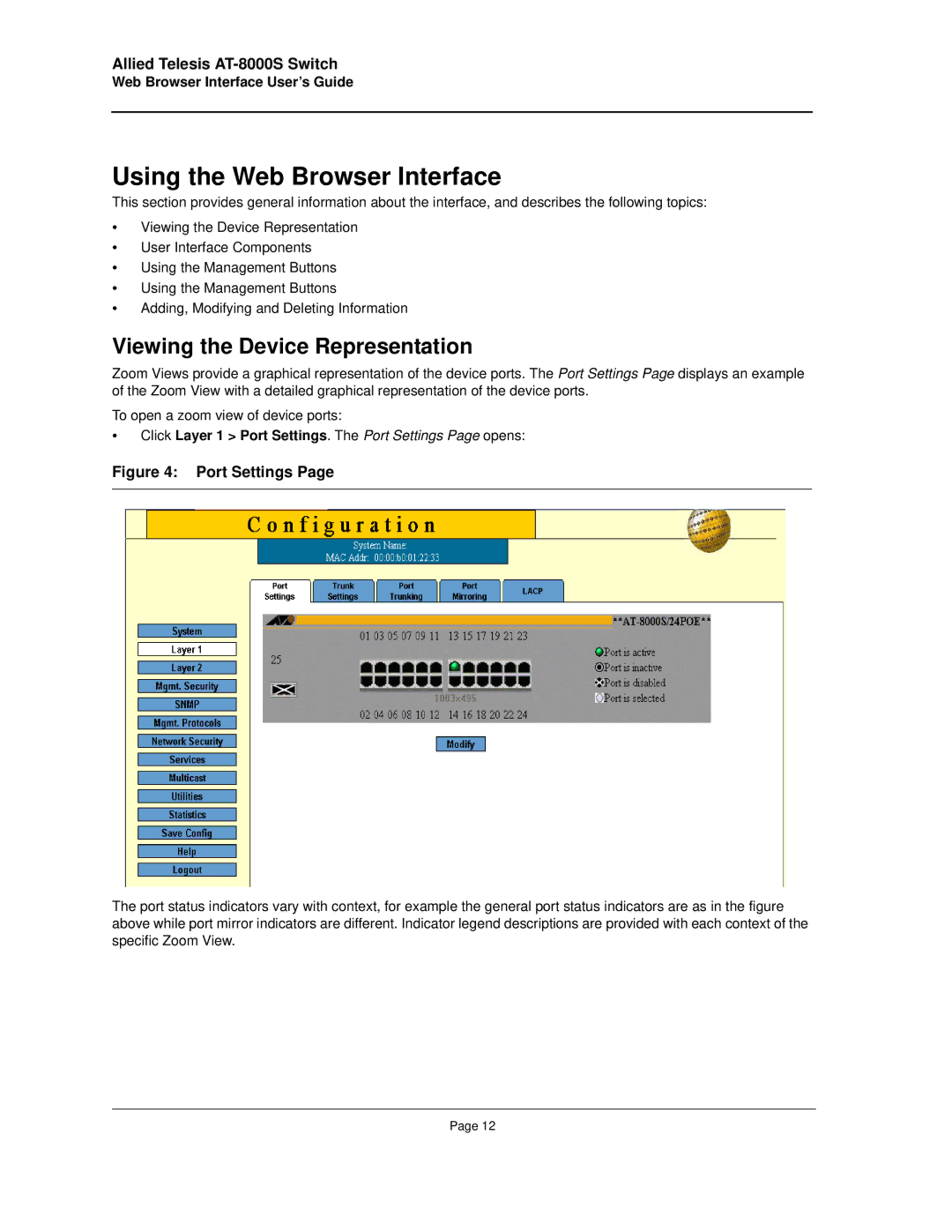 Allied Telesis AT-8000S manual Using the Web Browser Interface, Viewing the Device Representation 