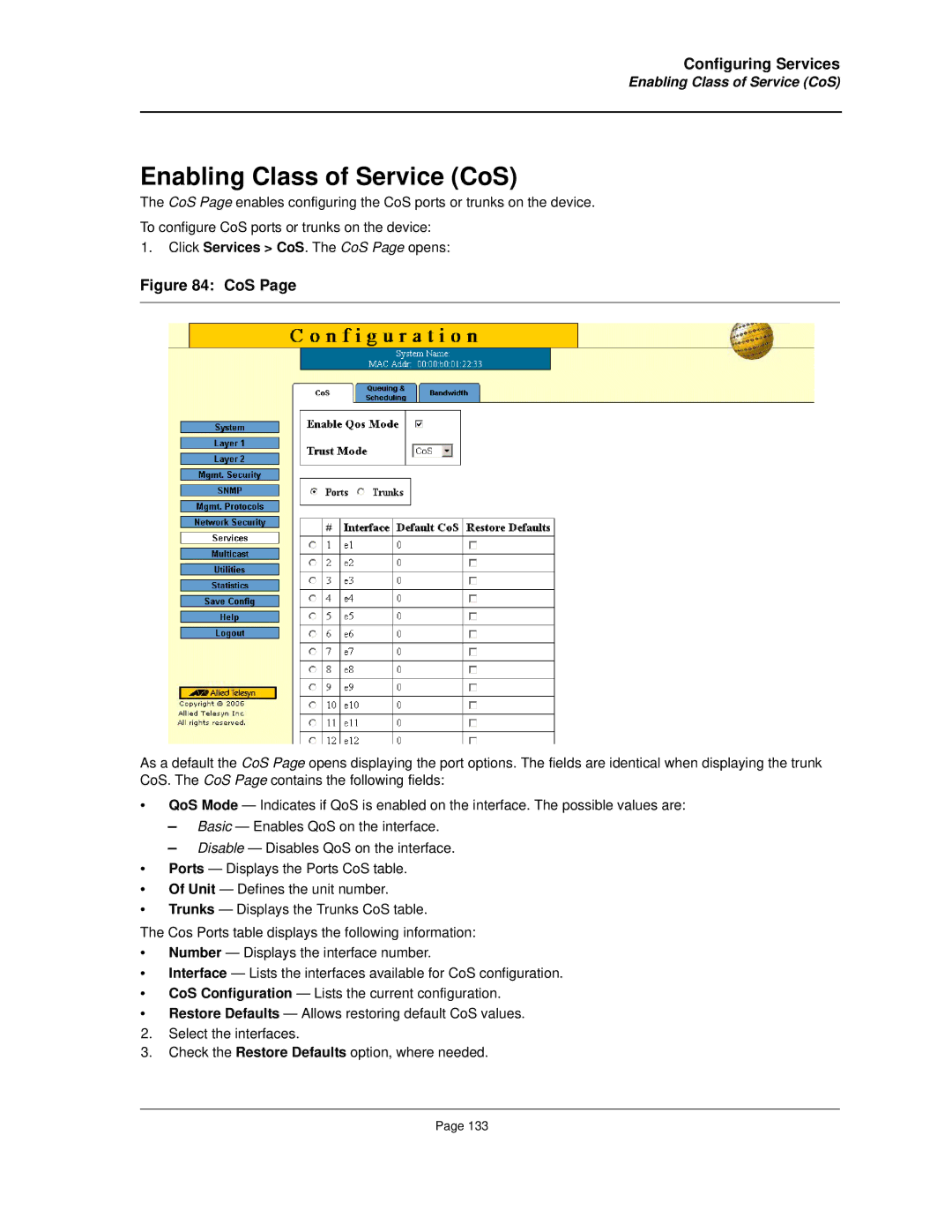 Allied Telesis AT-8000S manual Enabling Class of Service CoS 