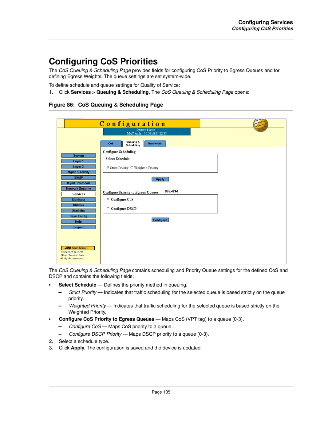 Allied Telesis AT-8000S manual Configuring CoS Priorities 