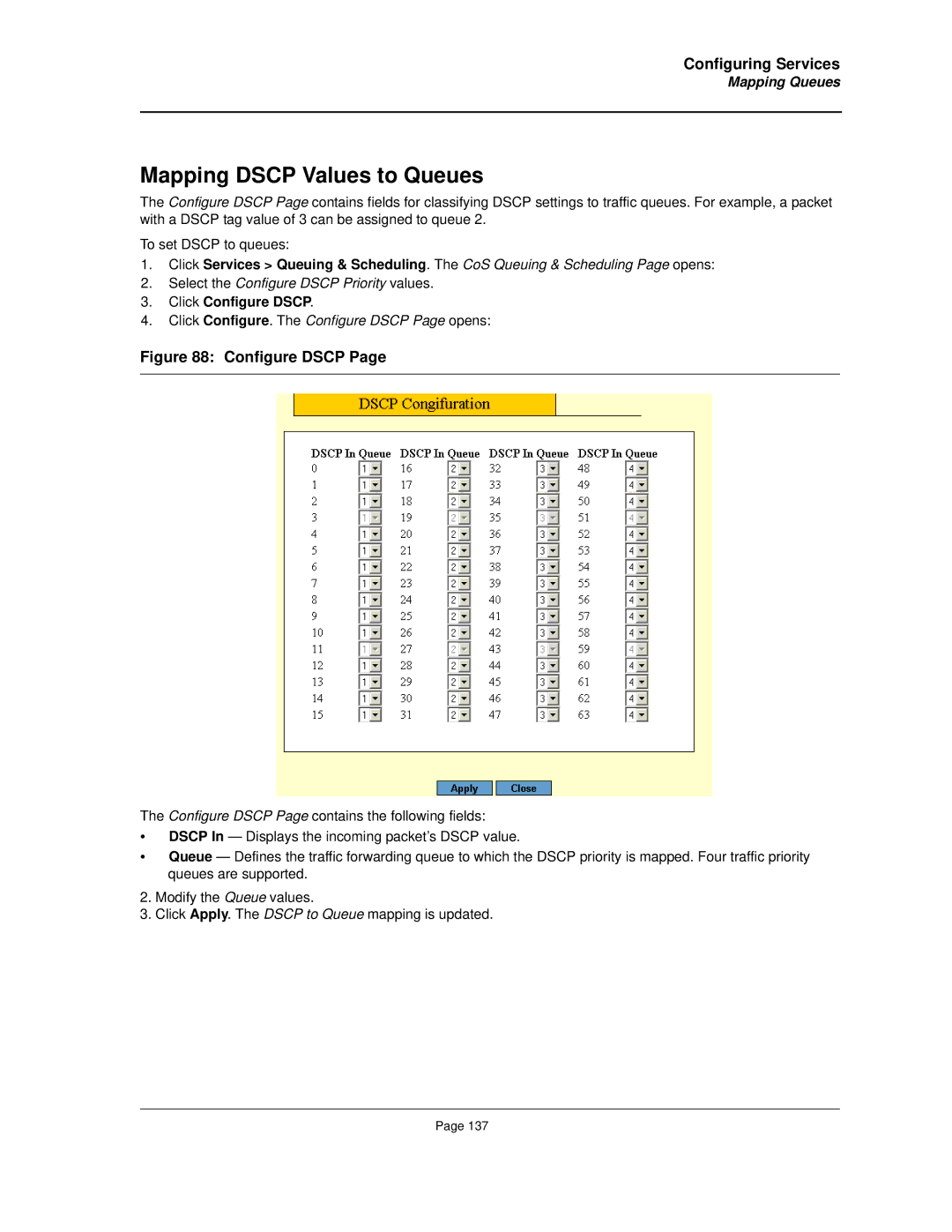 Allied Telesis AT-8000S manual Mapping Dscp Values to Queues, Mapping Queues, Select the Configure Dscp Priority values 