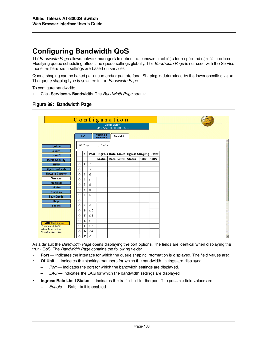 Allied Telesis AT-8000S manual Configuring Bandwidth QoS, Click Services Bandwidth. The Bandwidth Page opens 