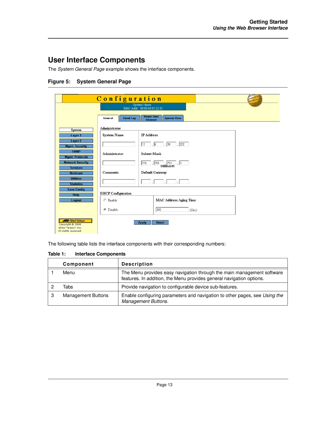 Allied Telesis AT-8000S manual User Interface Components, Using the Web Browser Interface, Component Description 