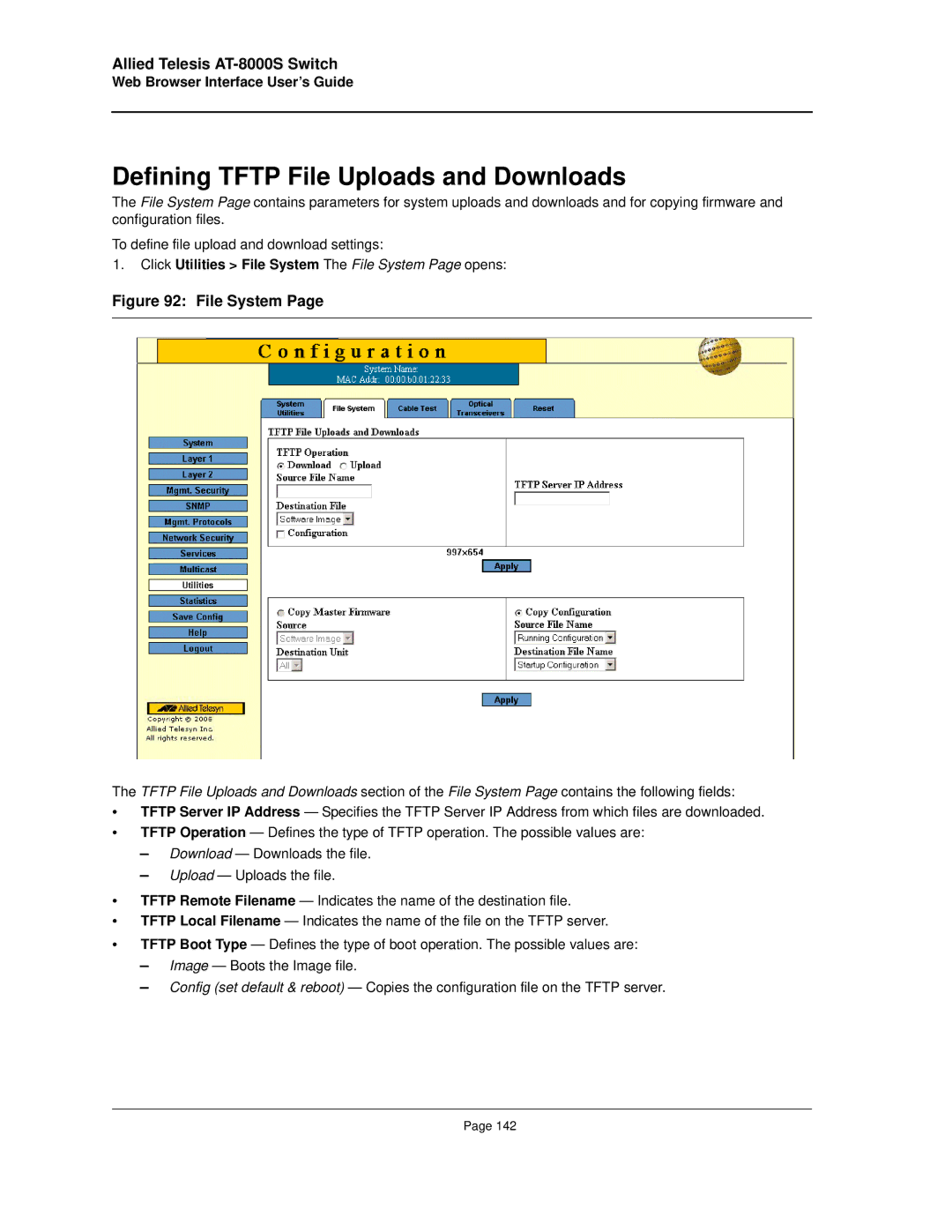 Allied Telesis AT-8000S Defining Tftp File Uploads and Downloads, Click Utilities File System The File System Page opens 