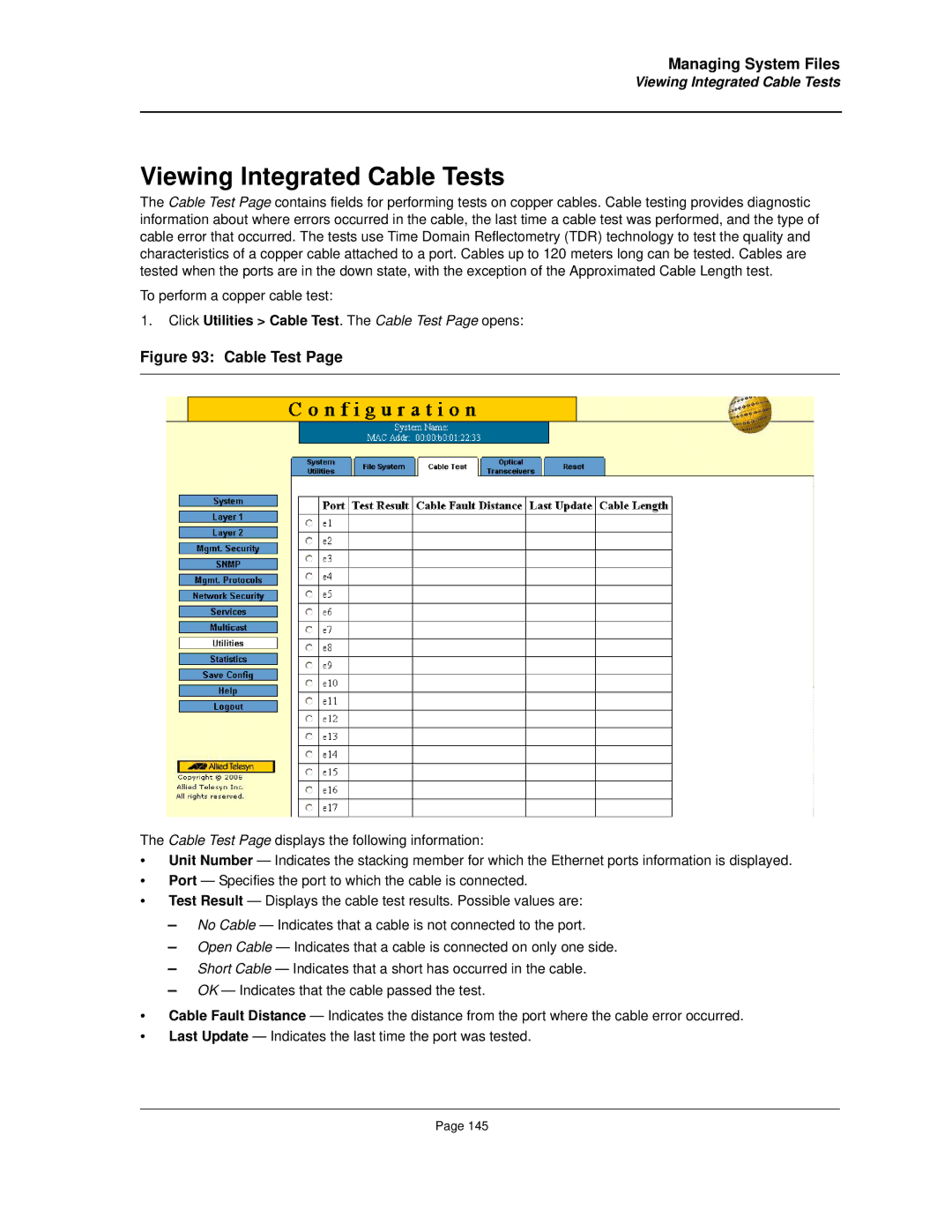 Allied Telesis AT-8000S manual Viewing Integrated Cable Tests, Click Utilities Cable Test. The Cable Test Page opens 