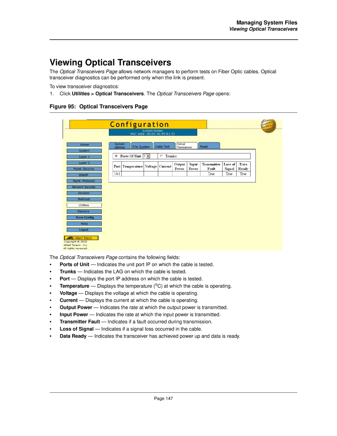 Allied Telesis AT-8000S manual Viewing Optical Transceivers 