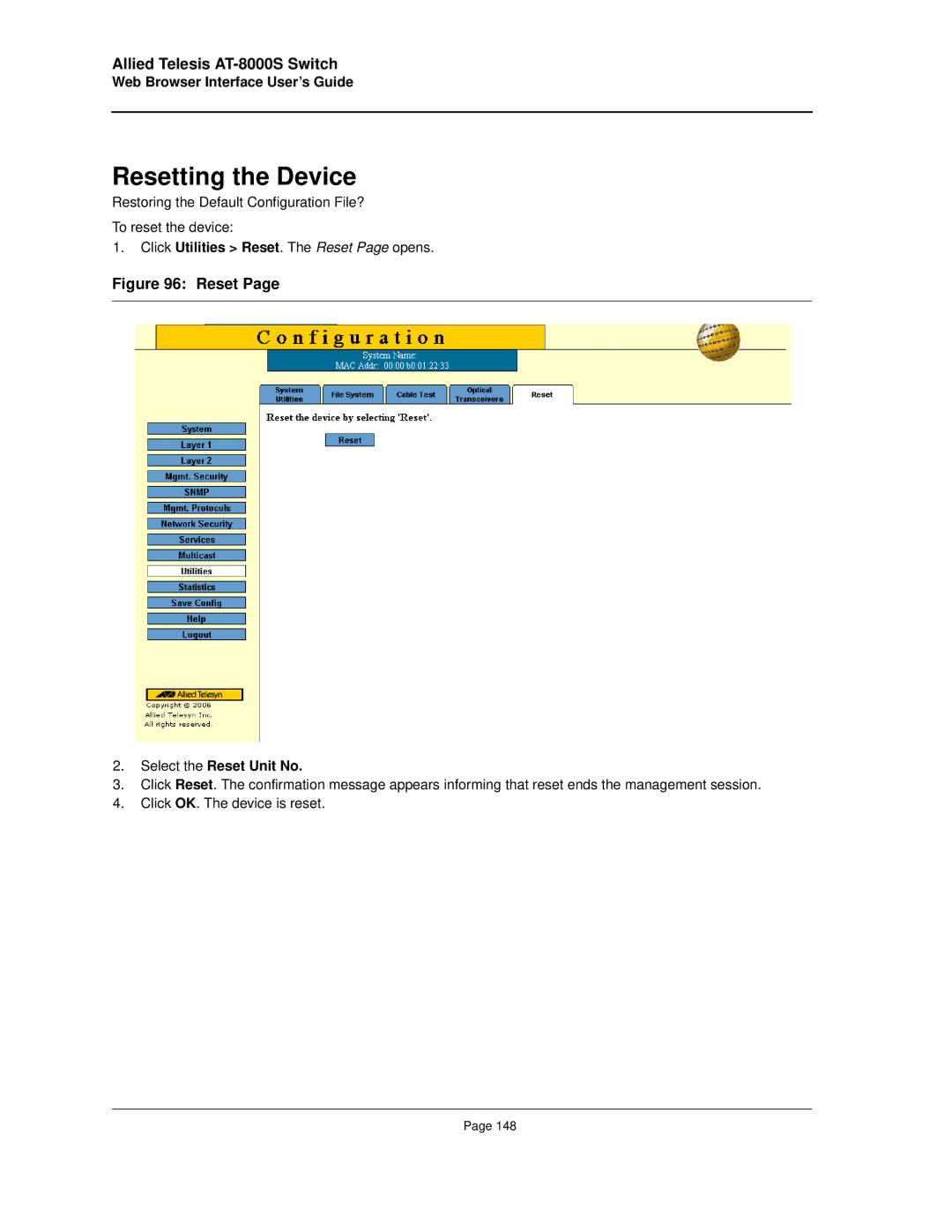 Allied Telesis AT-8000S manual Select the Reset Unit No 