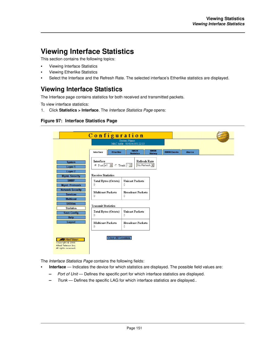 Allied Telesis AT-8000S manual Viewing Interface Statistics 