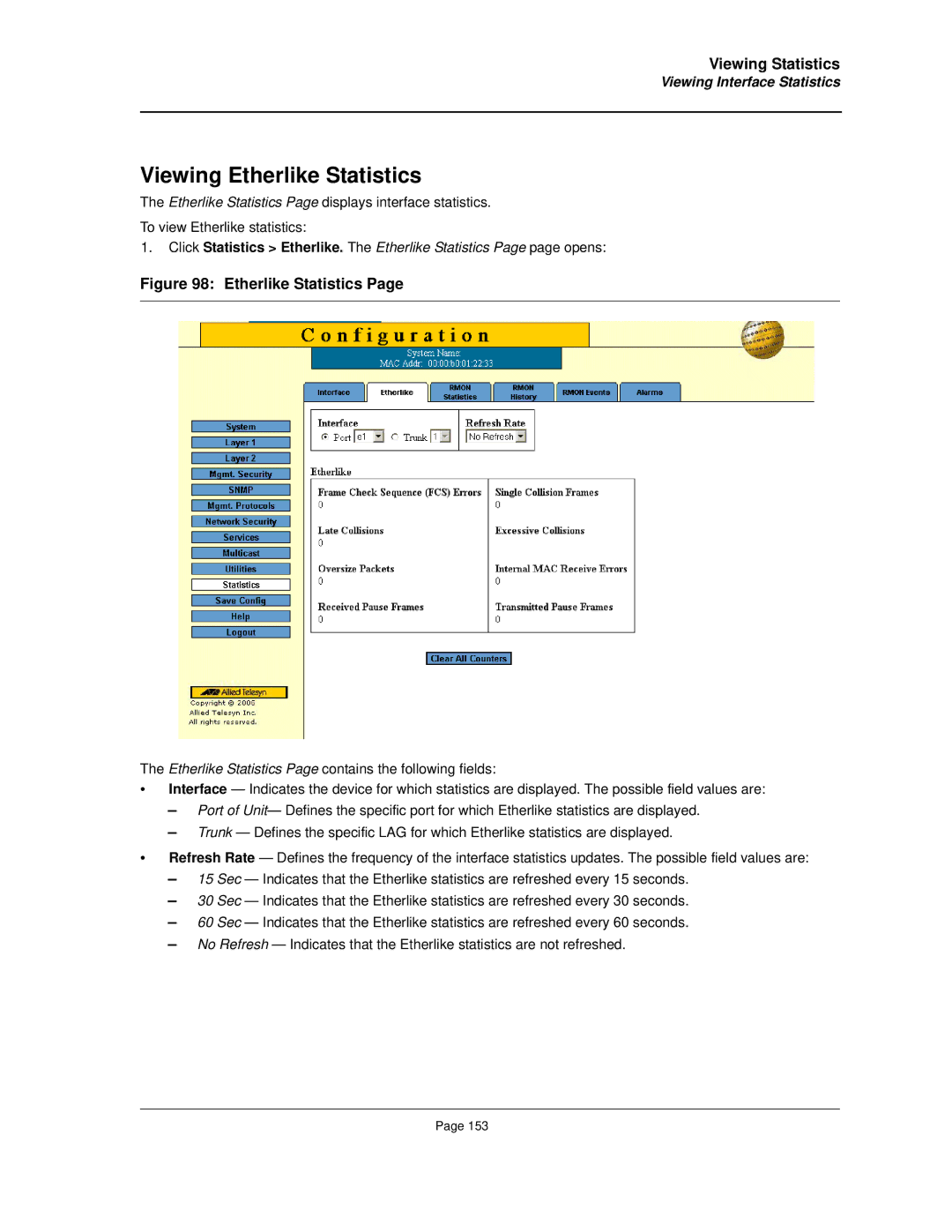 Allied Telesis AT-8000S manual Viewing Etherlike Statistics 