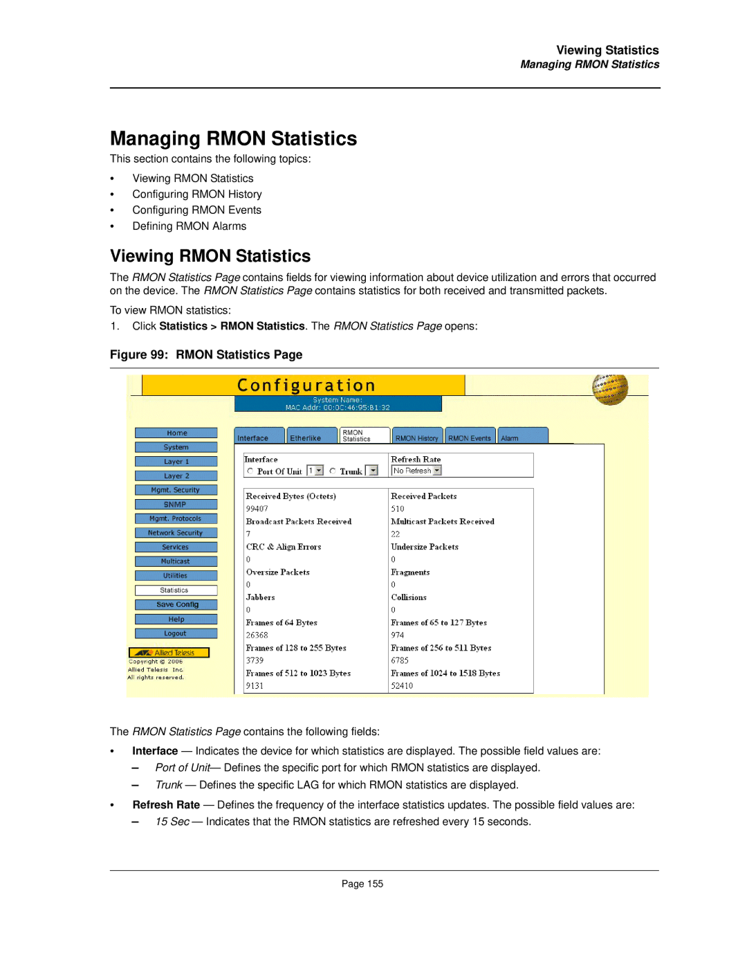 Allied Telesis AT-8000S manual Managing Rmon Statistics, Viewing Rmon Statistics 