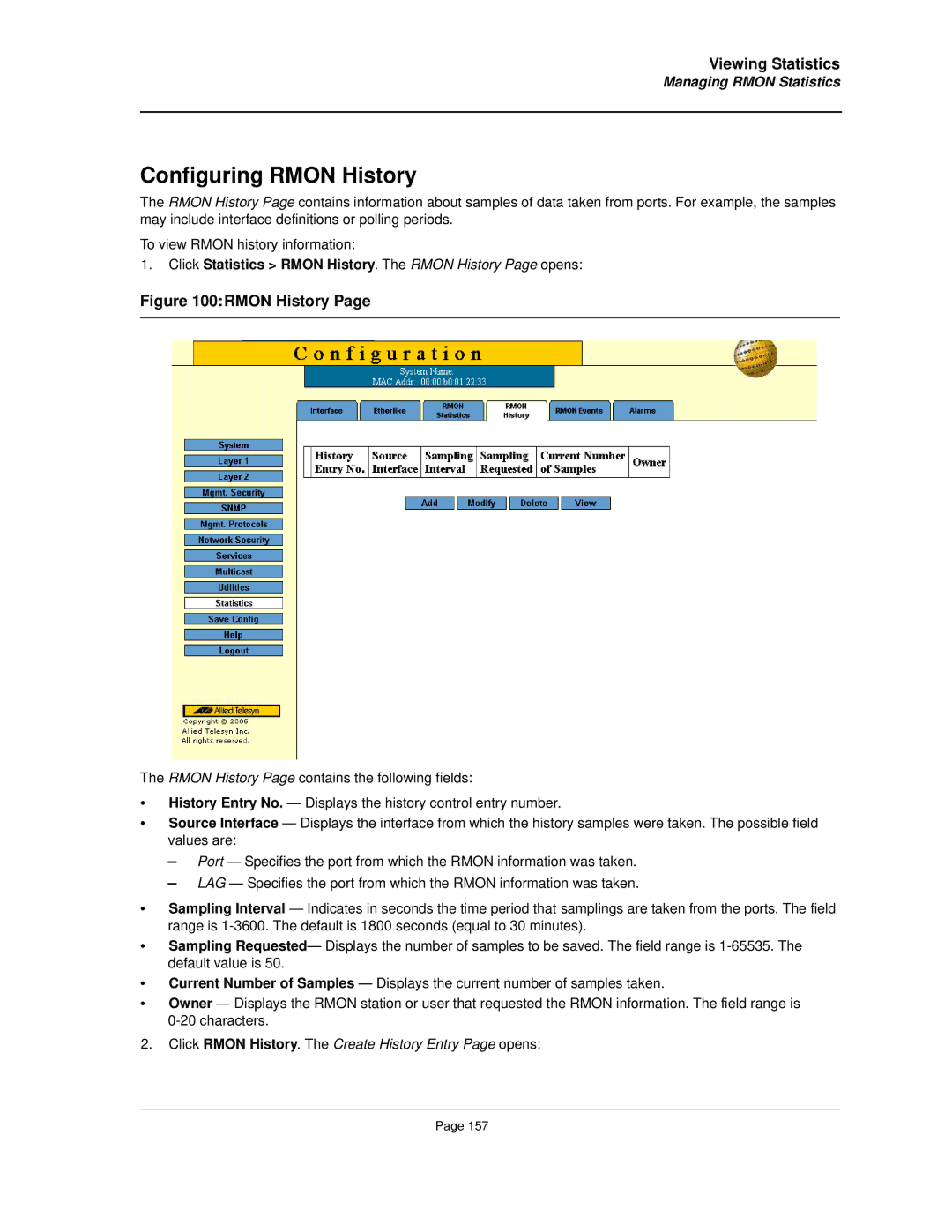 Allied Telesis AT-8000S manual Configuring Rmon History, Click Statistics Rmon History. The Rmon History Page opens 