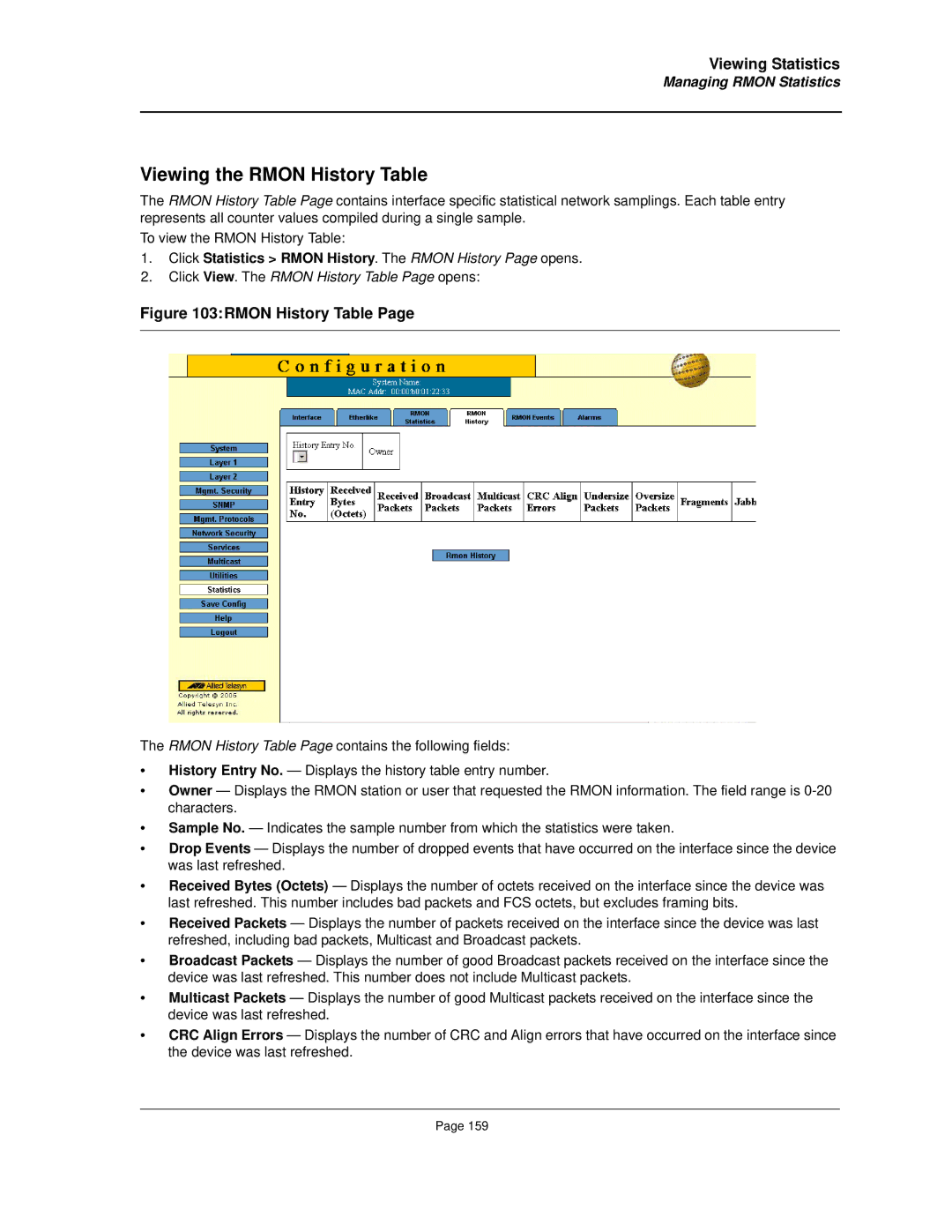 Allied Telesis AT-8000S manual Viewing the Rmon History Table, Click View. The Rmon History Table Page opens 