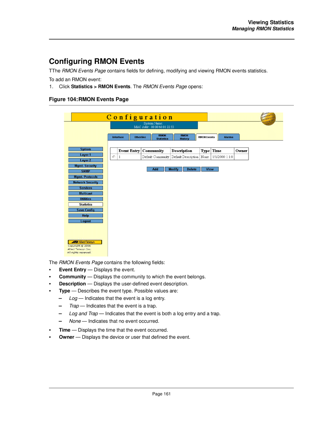 Allied Telesis AT-8000S manual Configuring Rmon Events, Click Statistics Rmon Events. The Rmon Events Page opens 