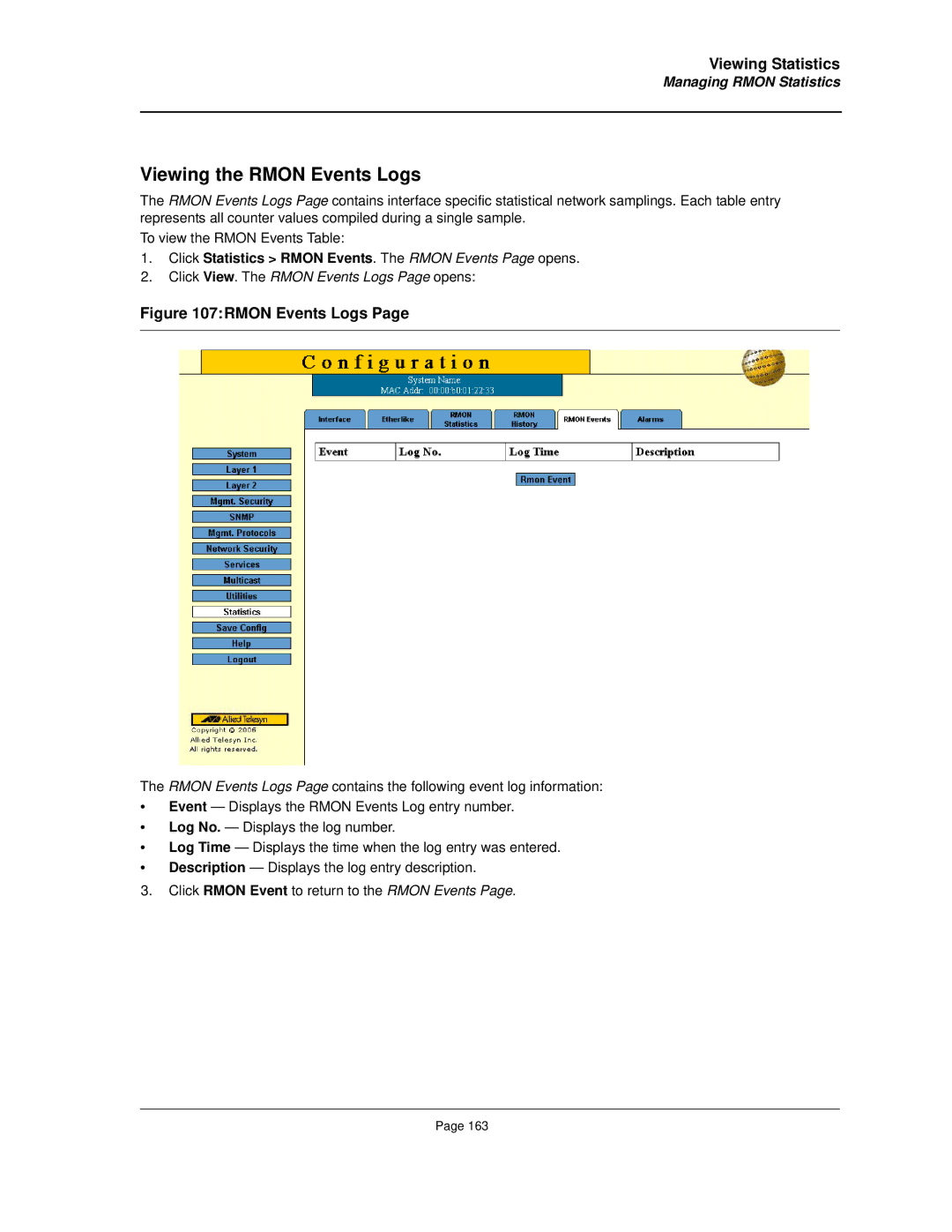 Allied Telesis AT-8000S manual Viewing the Rmon Events Logs, Click View. The Rmon Events Logs Page opens 