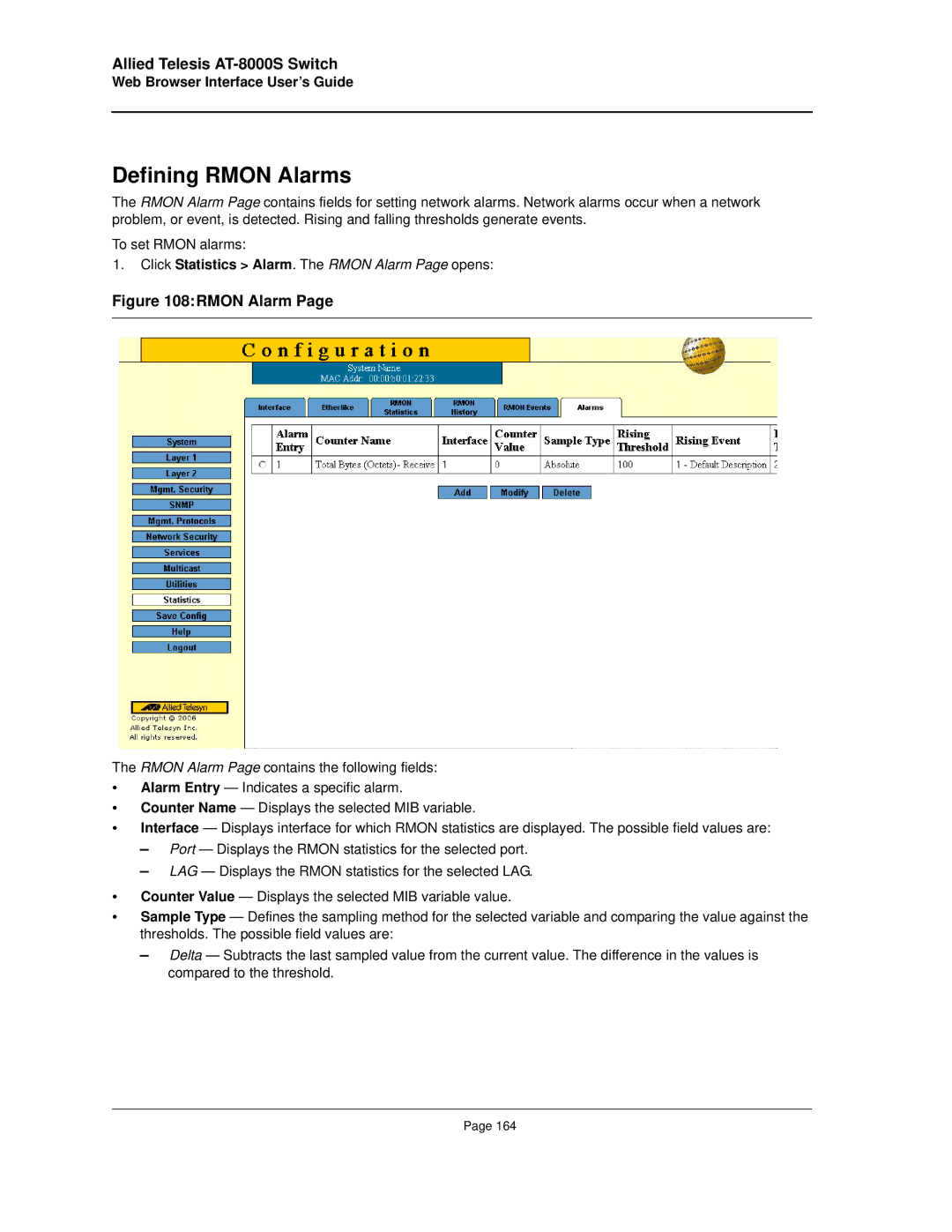 Allied Telesis AT-8000S manual Defining Rmon Alarms 