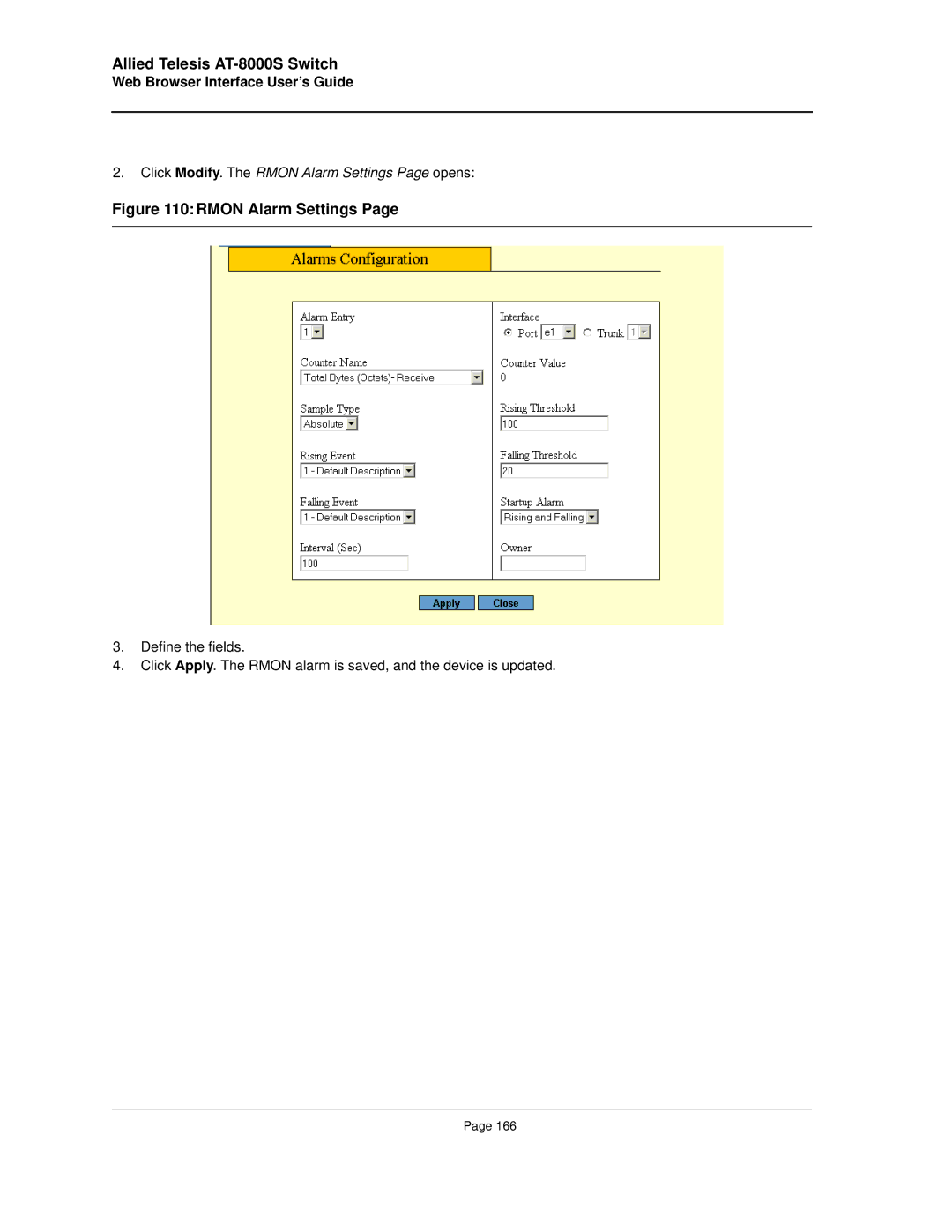 Allied Telesis AT-8000S manual Click Modify. The Rmon Alarm Settings Page opens 