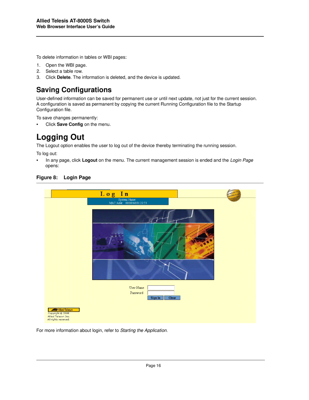 Allied Telesis AT-8000S manual Logging Out, Saving Configurations 