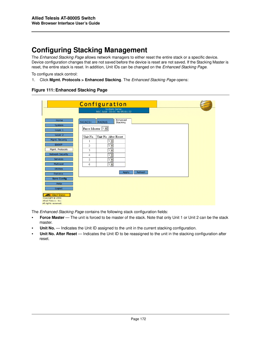 Allied Telesis AT-8000S manual Configuring Stacking Management, Enhanced Stacking 