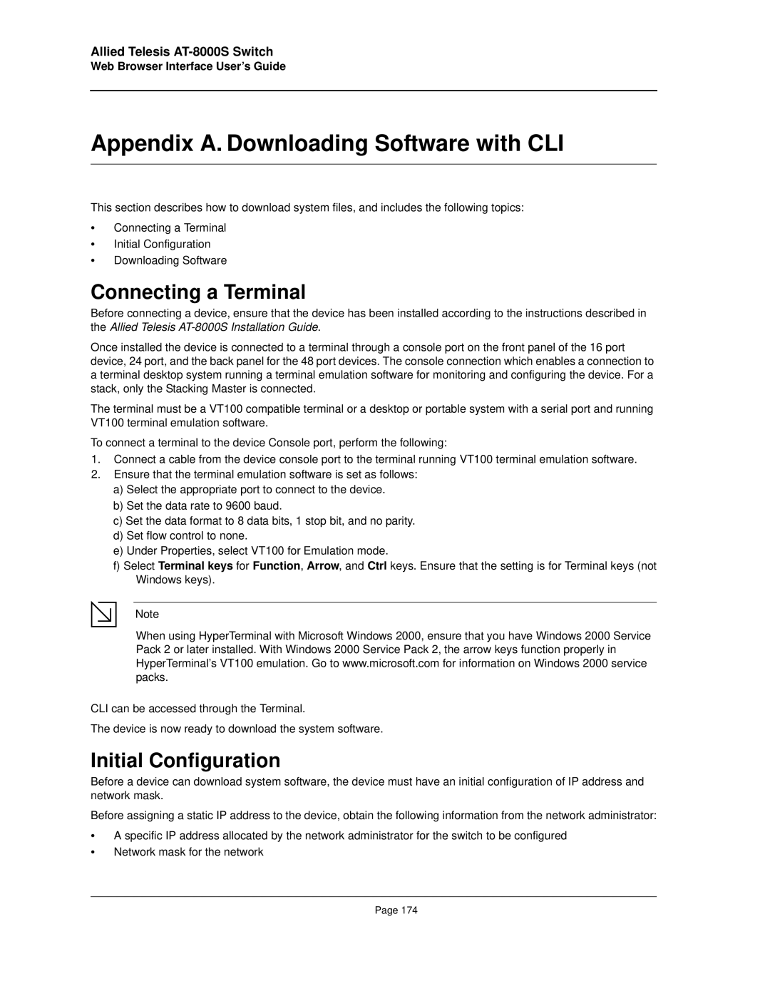 Allied Telesis AT-8000S manual Appendix A. Downloading Software with CLI, Connecting a Terminal, Initial Configuration 