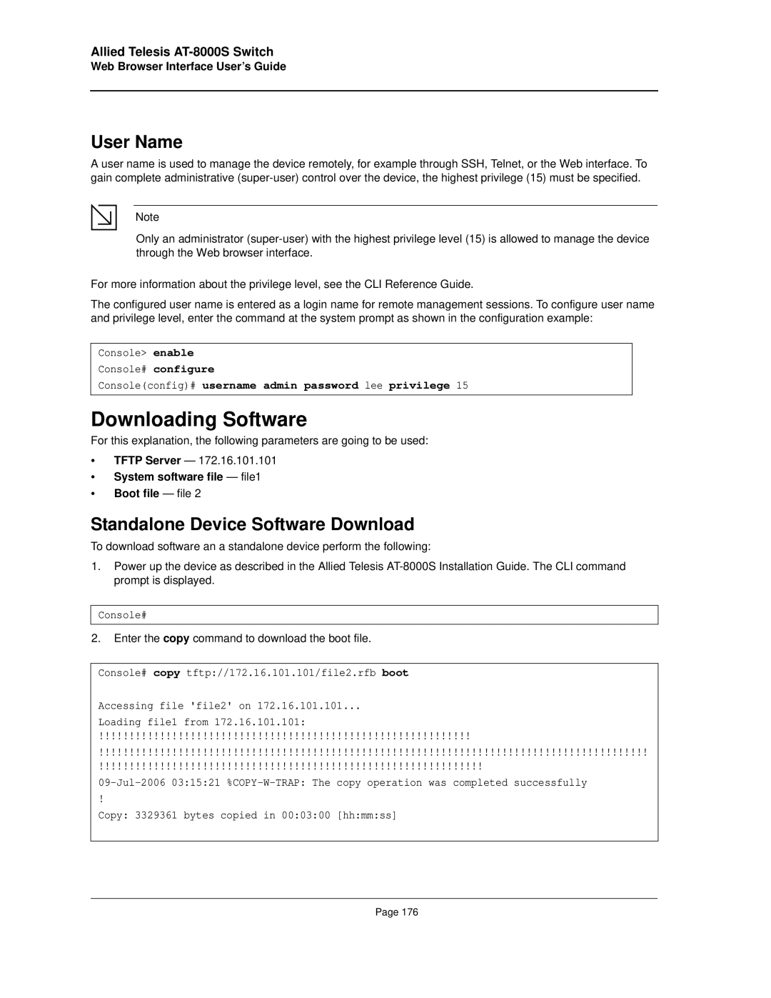 Allied Telesis AT-8000S manual Downloading Software, User Name, Standalone Device Software Download 