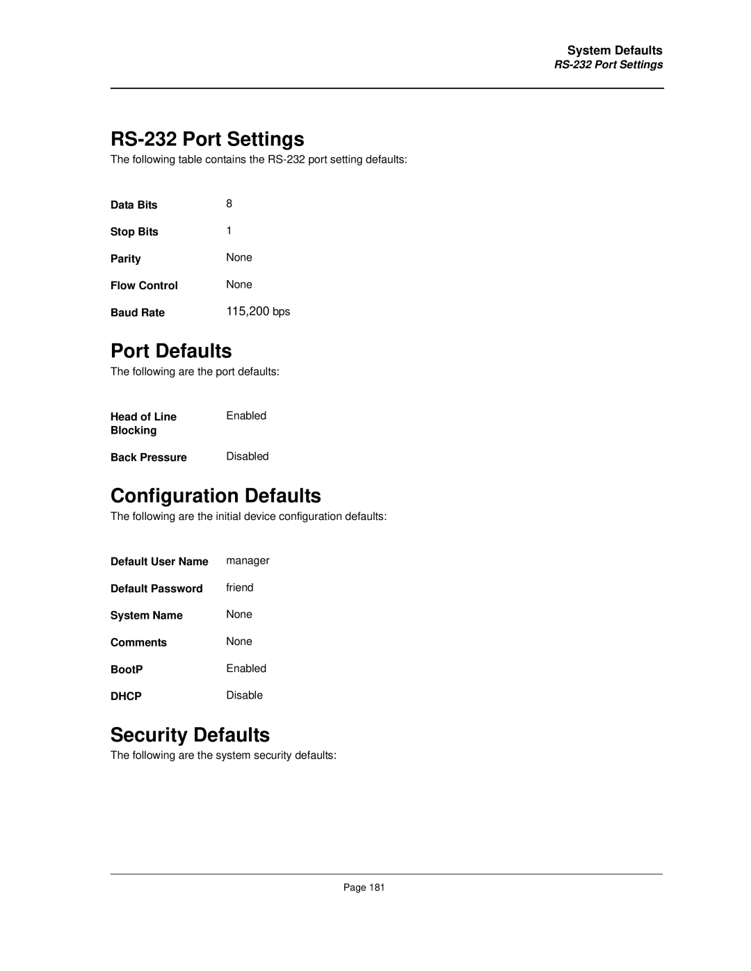 Allied Telesis AT-8000S manual RS-232 Port Settings, Port Defaults, Configuration Defaults, Security Defaults 