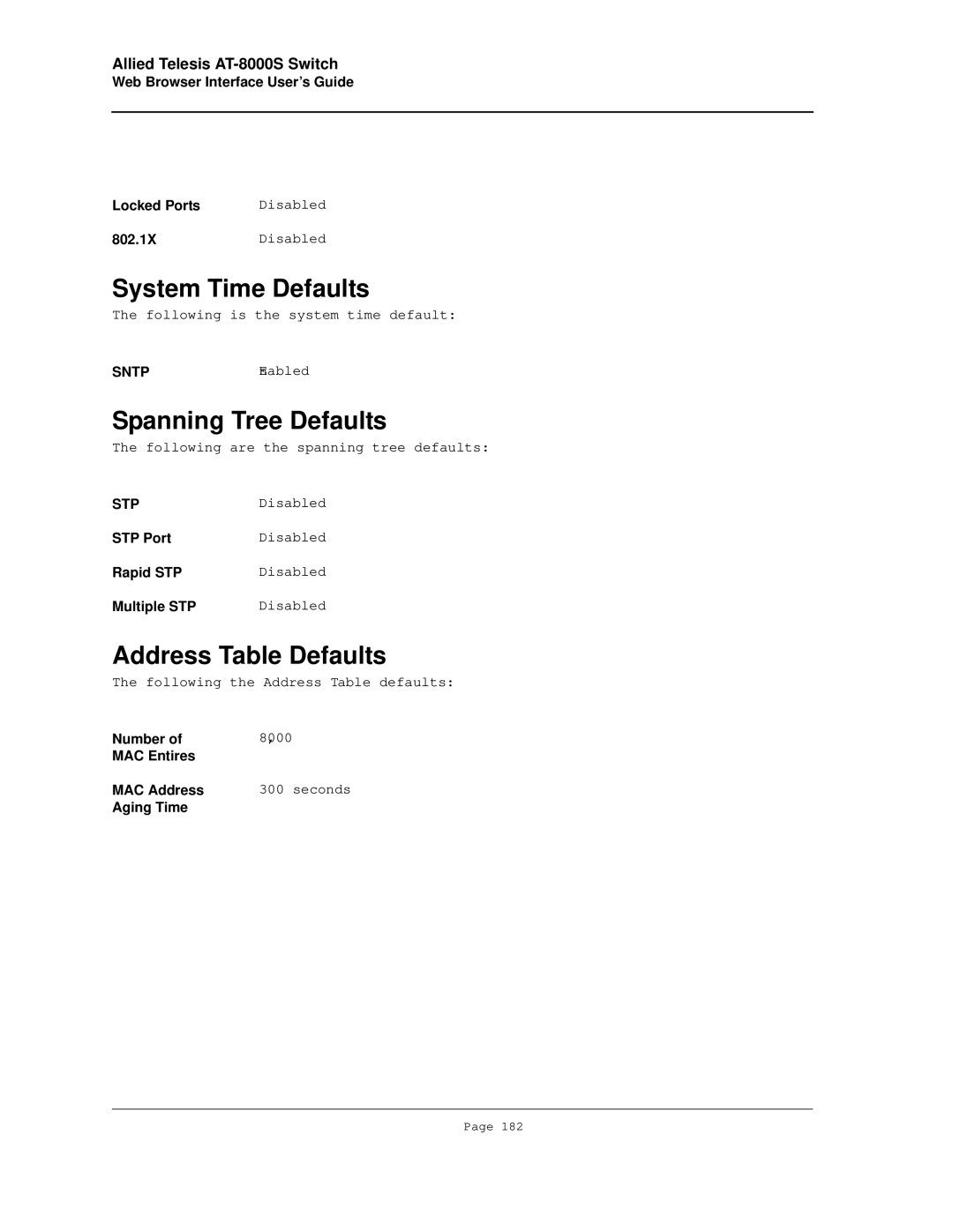 Allied Telesis AT-8000S manual System Time Defaults, Spanning Tree Defaults, Address Table Defaults 