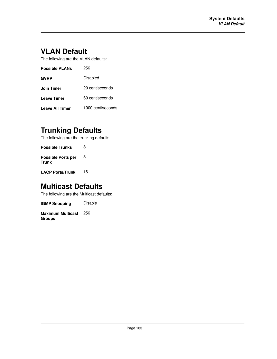 Allied Telesis AT-8000S manual Vlan Default, Trunking Defaults, Multicast Defaults 