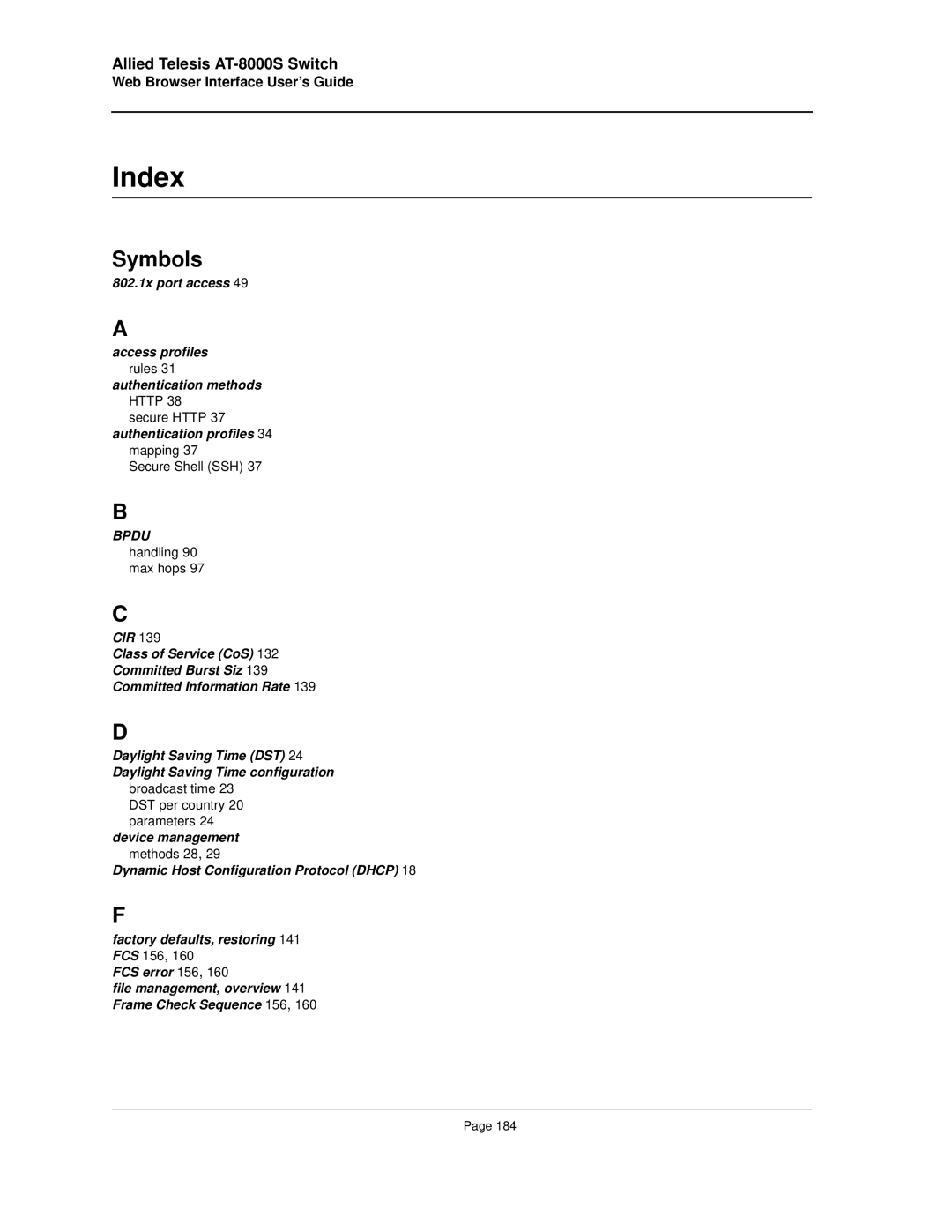 Allied Telesis AT-8000S manual Index, Symbols 