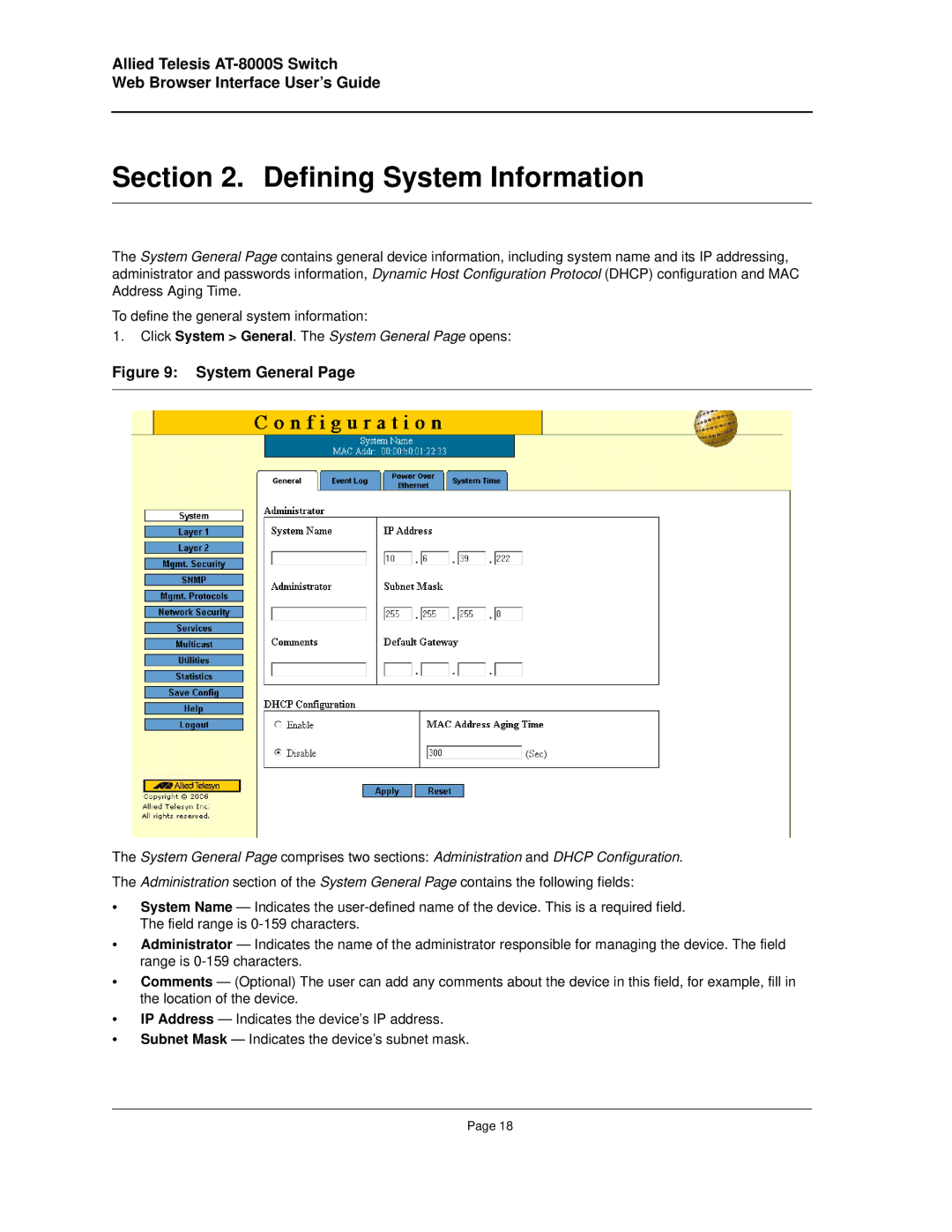 Allied Telesis AT-8000S manual Defining System Information, Click System General. The System General Page opens 