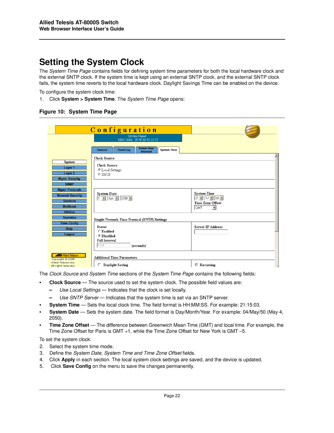 Allied Telesis AT-8000S manual Setting the System Clock, Click System System Time. The System Time Page opens 