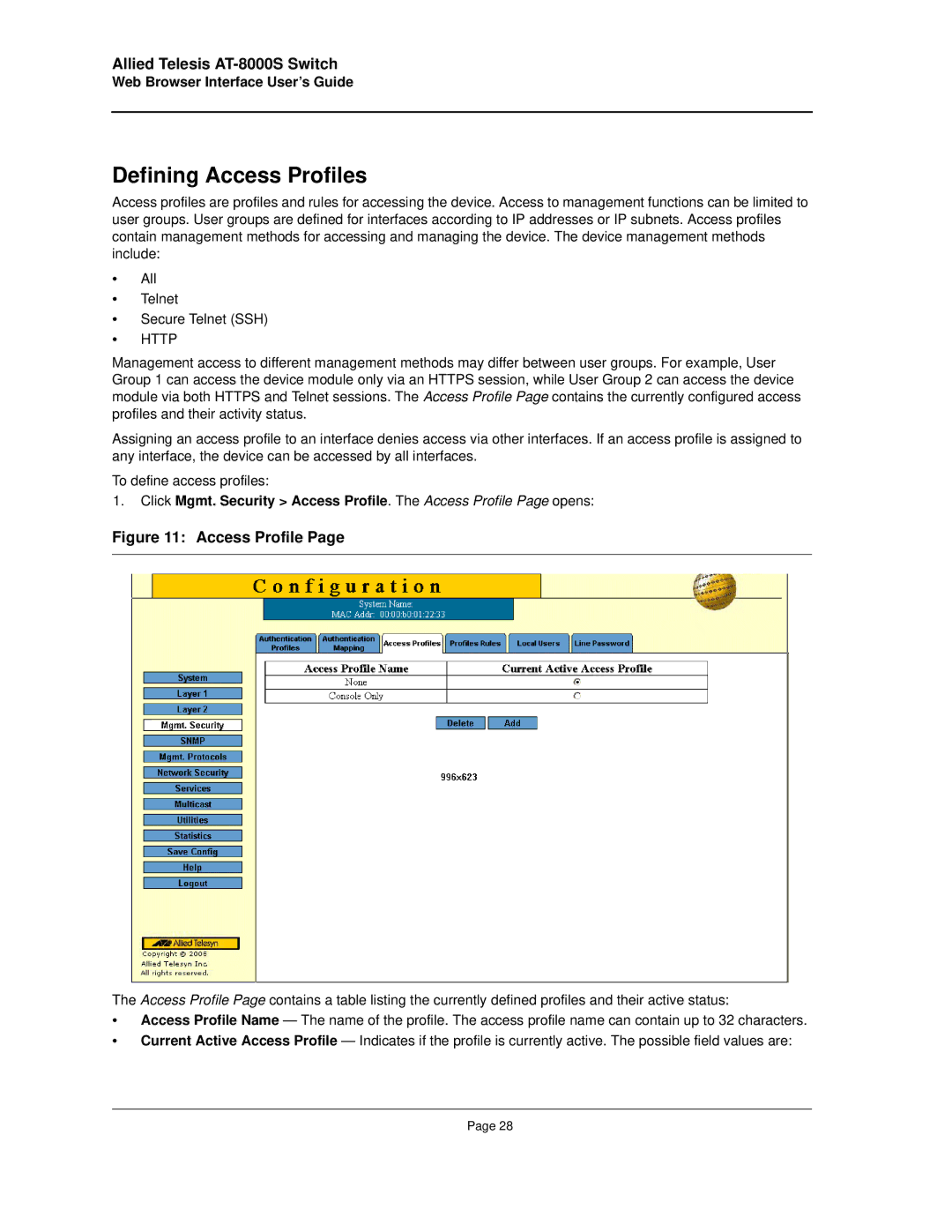 Allied Telesis AT-8000S manual Defining Access Profiles, Http 