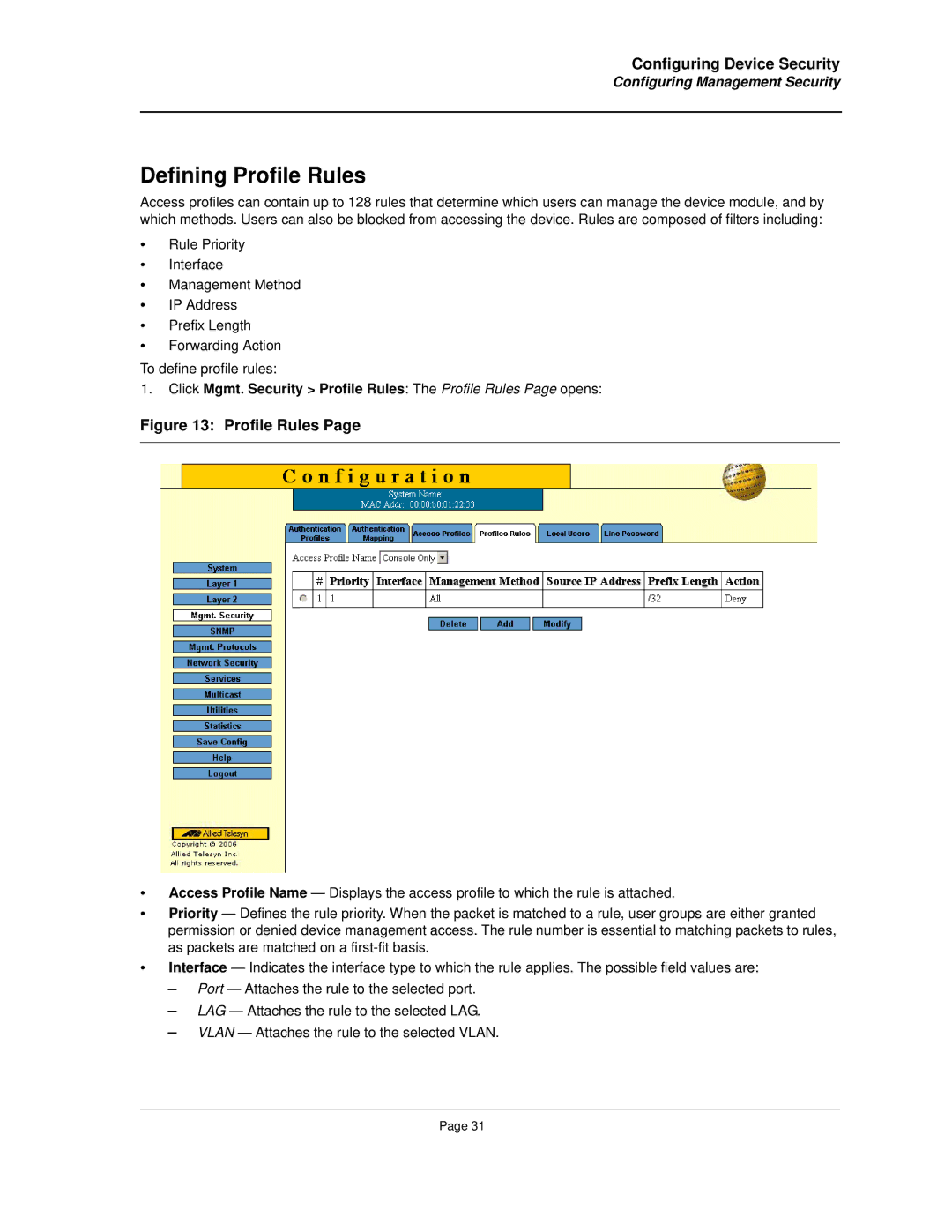 Allied Telesis AT-8000S manual Defining Profile Rules 