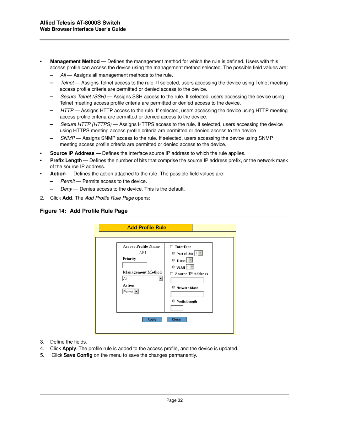 Allied Telesis AT-8000S manual Click Add. The Add Profile Rule Page opens 