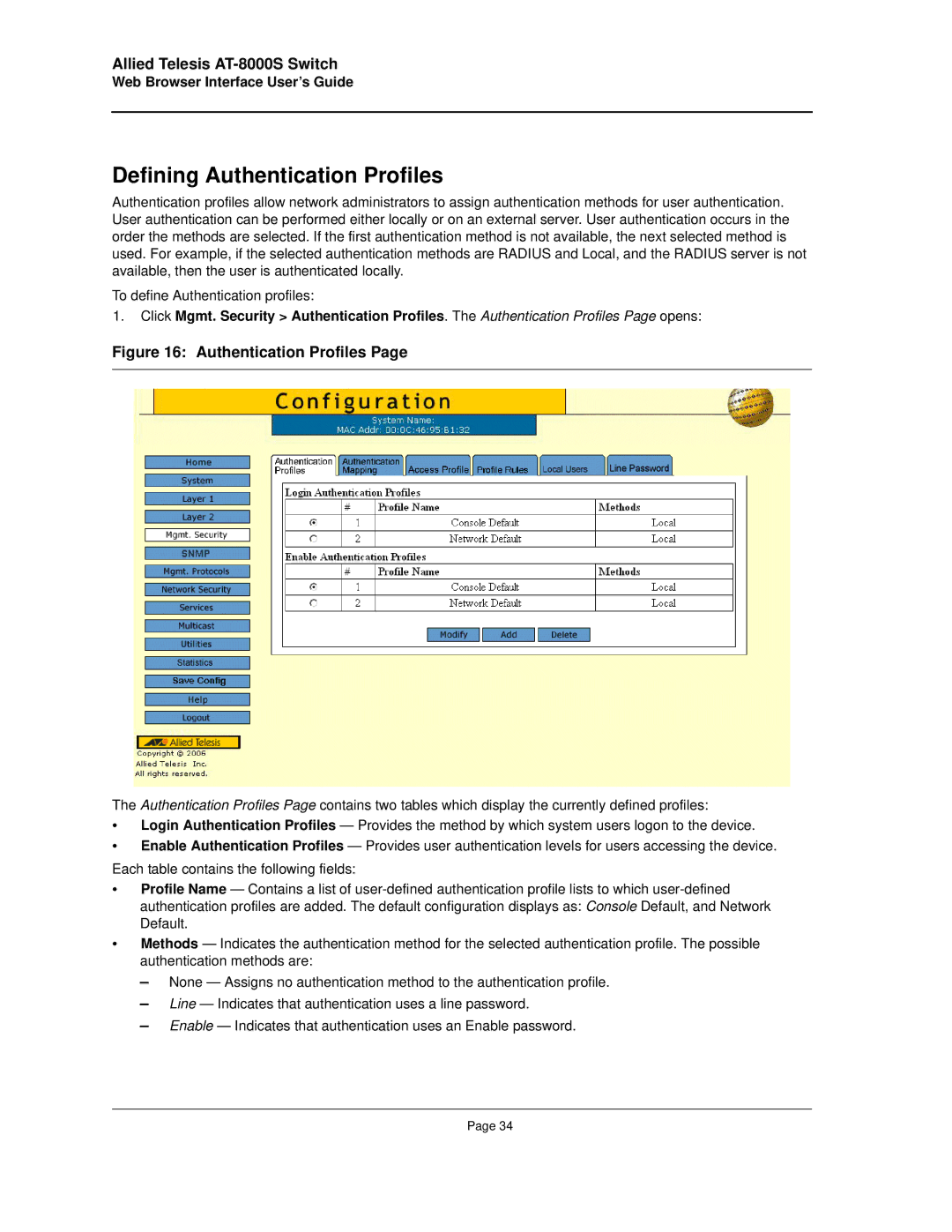 Allied Telesis AT-8000S manual Defining Authentication Profiles 