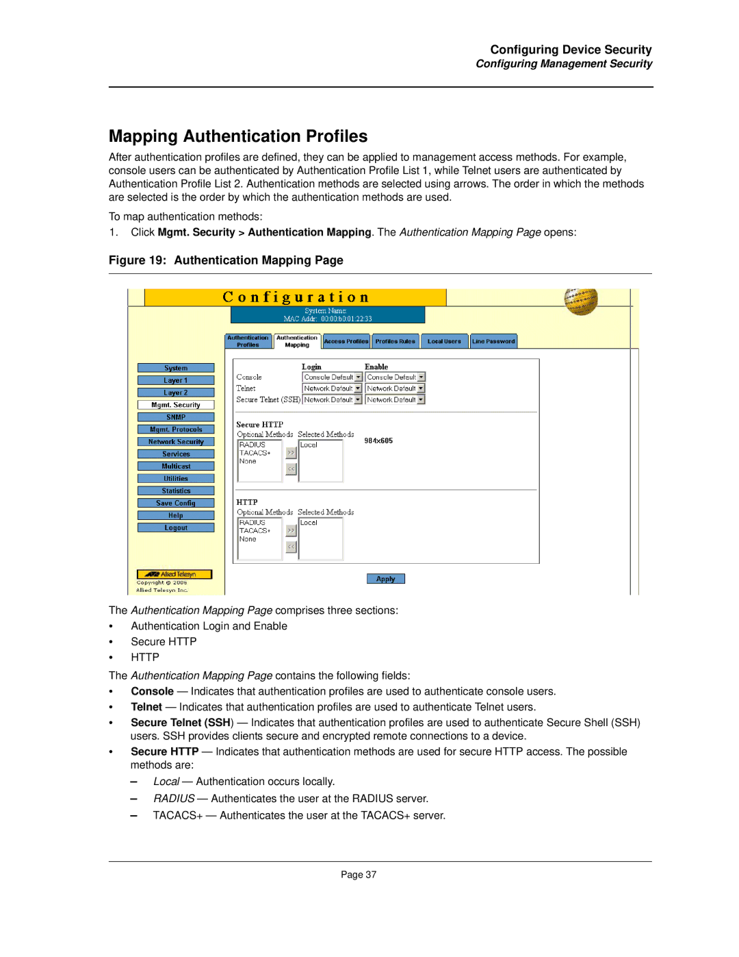 Allied Telesis AT-8000S manual Mapping Authentication Profiles, Authentication Mapping 