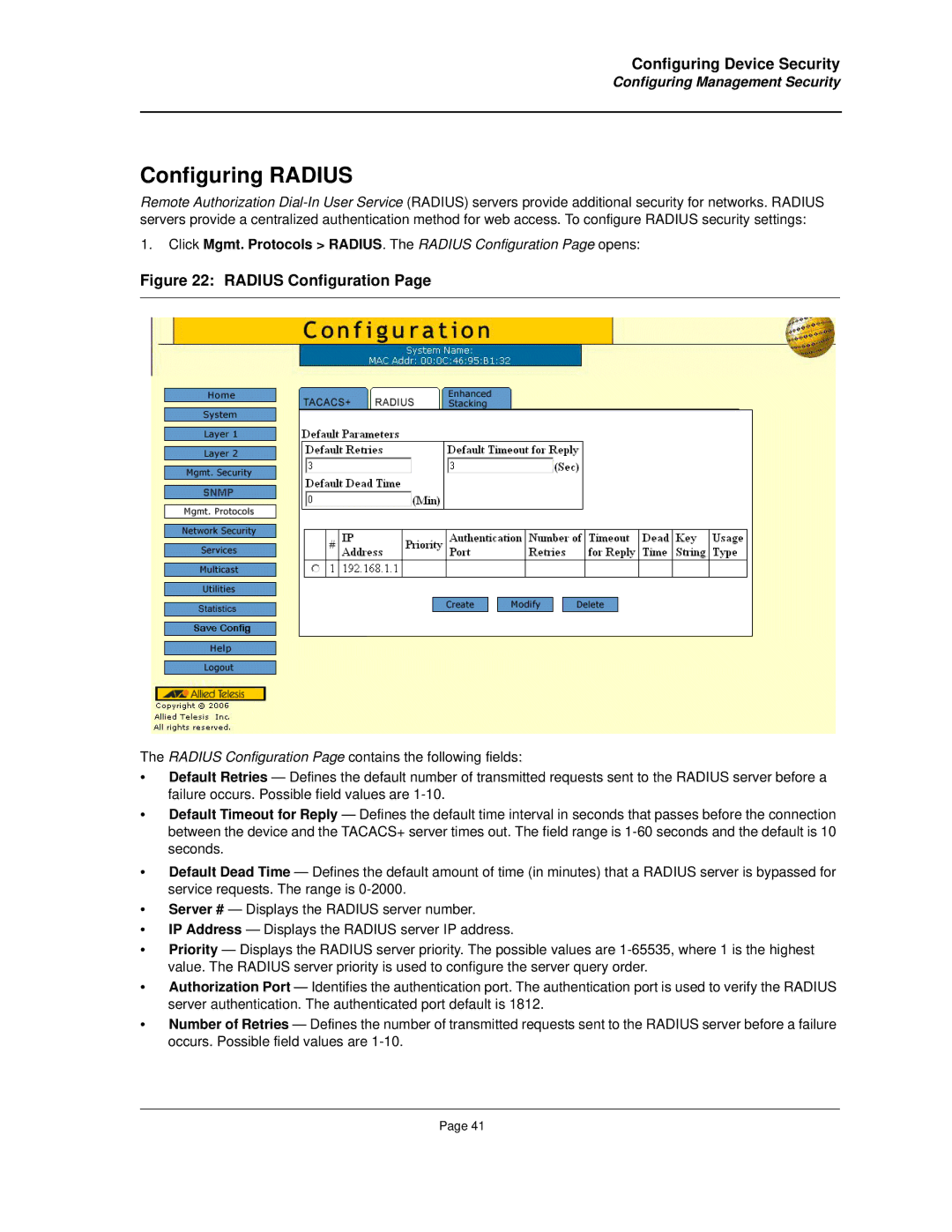 Allied Telesis AT-8000S manual Configuring Radius, Radius Configuration 