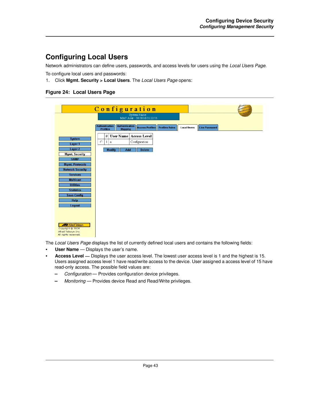 Allied Telesis AT-8000S manual Configuring Local Users, Click Mgmt. Security Local Users. The Local Users Page opens 