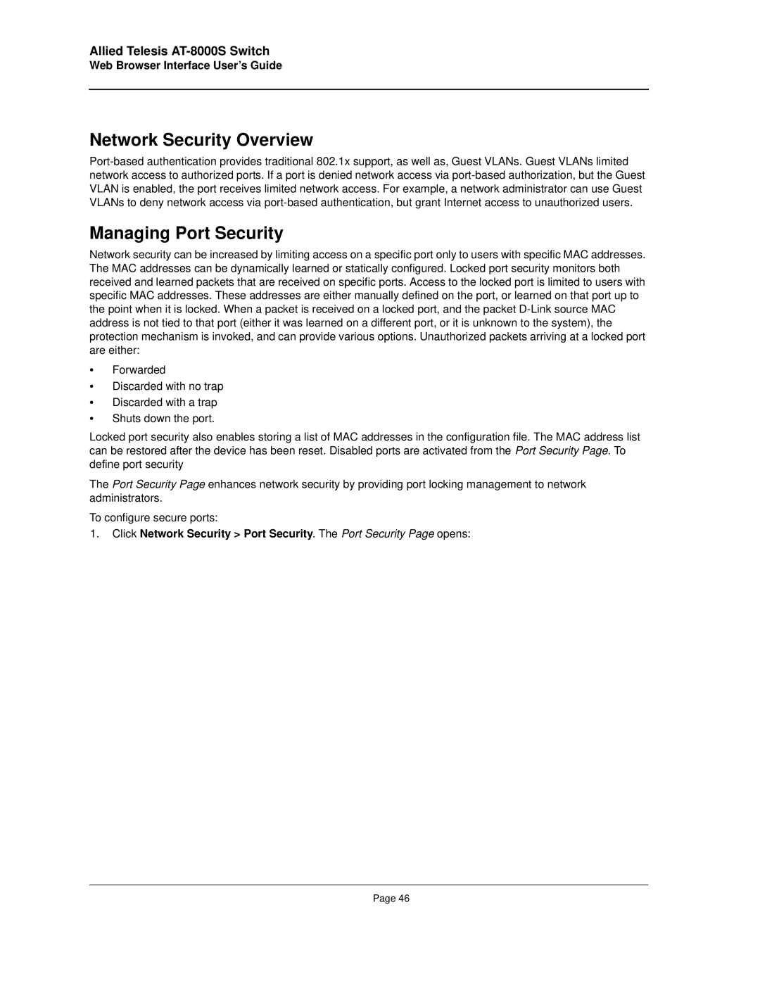 Allied Telesis AT-8000S manual Network Security Overview, Managing Port Security 